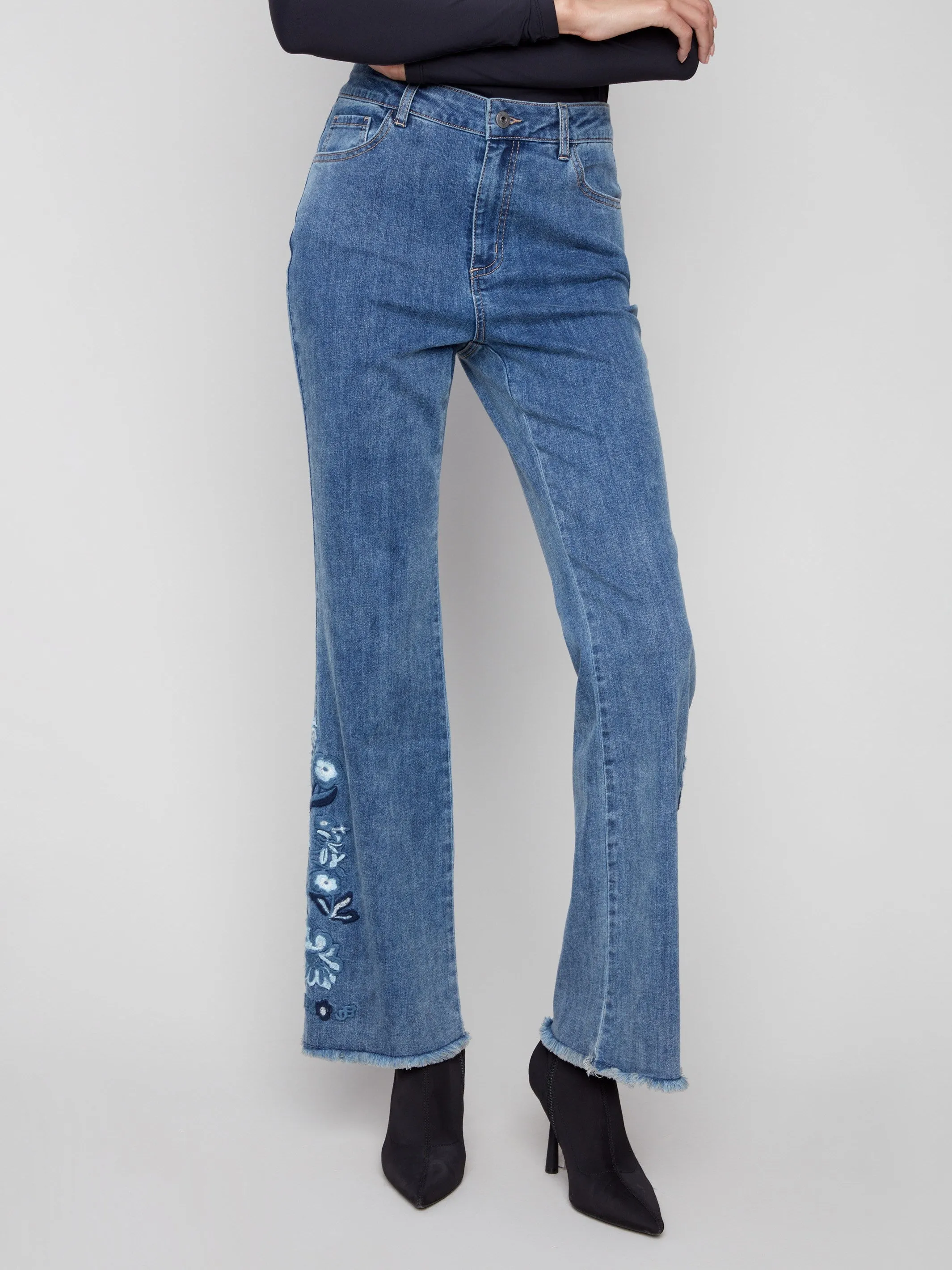 Flared Floral Embroidered Jeans - Medium Blue sold by Charlie B product image thumbnail 3