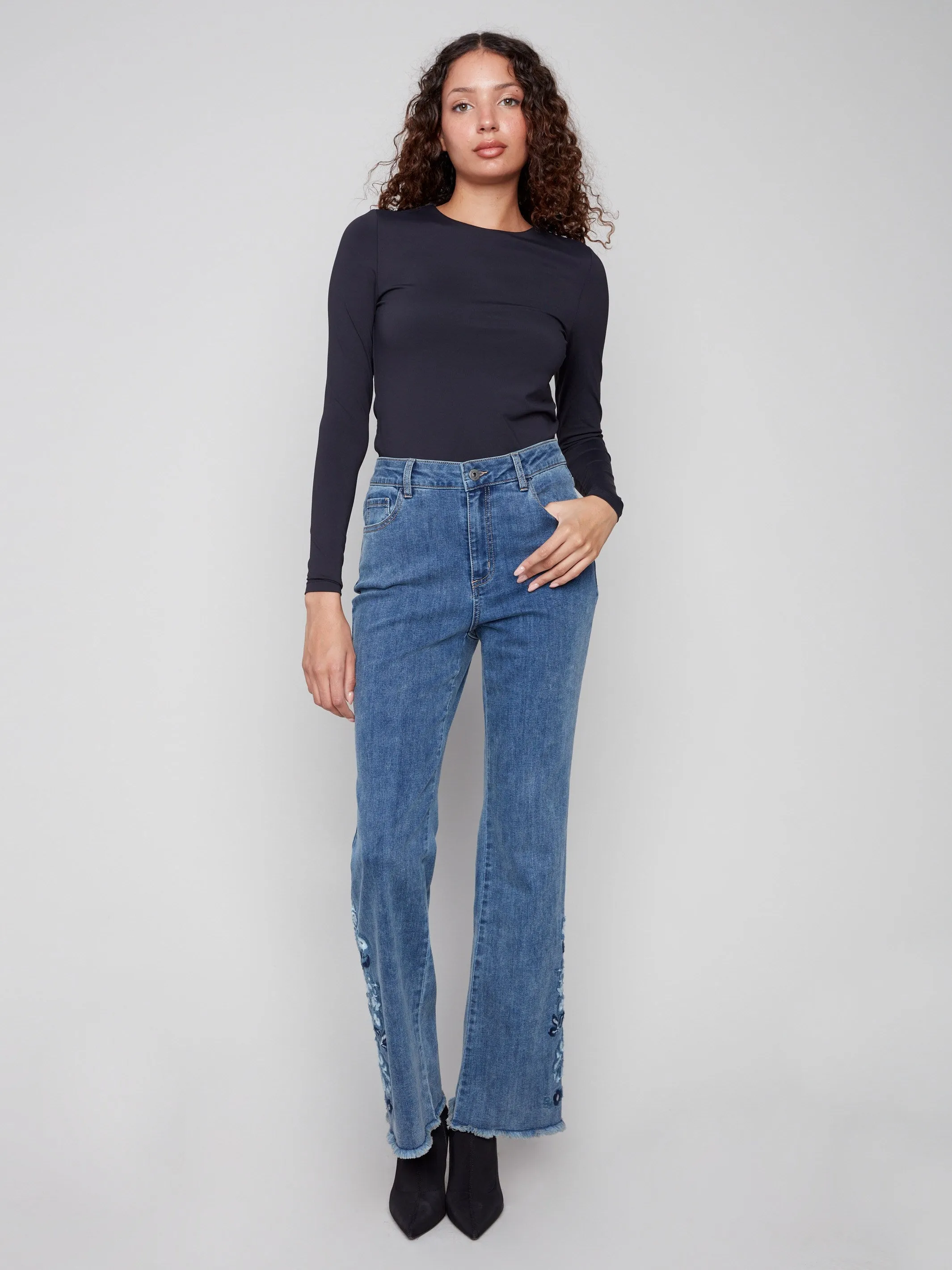 Flared Floral Embroidered Jeans - Medium Blue sold by Charlie B product image thumbnail 4