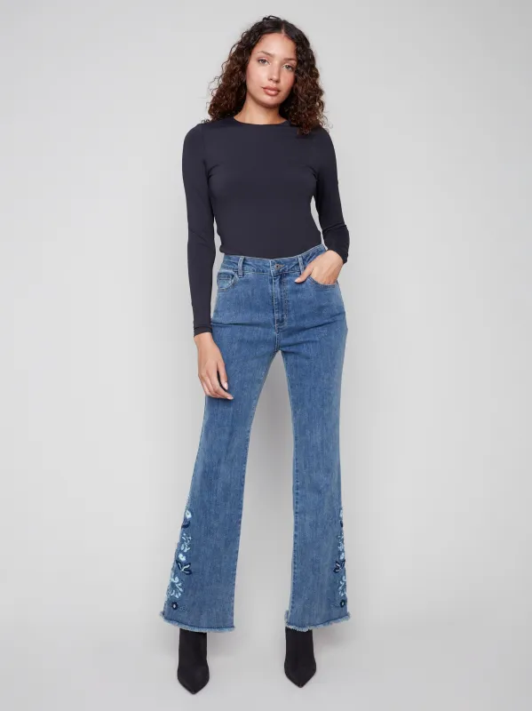 Flared Floral Embroidered Jeans - Medium Blue sold by Charlie B