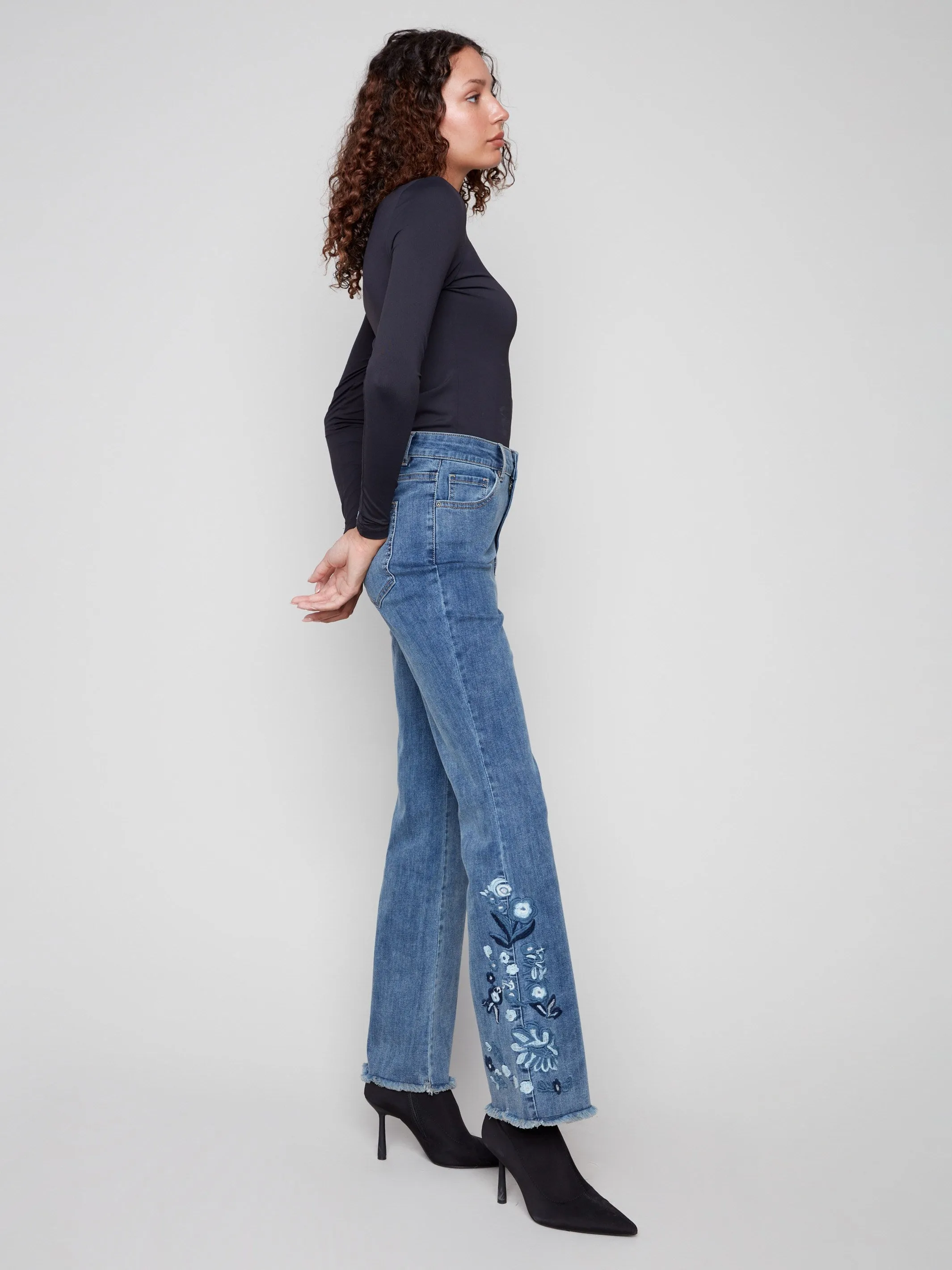 Flared Floral Embroidered Jeans - Medium Blue sold by Charlie B product image thumbnail 2