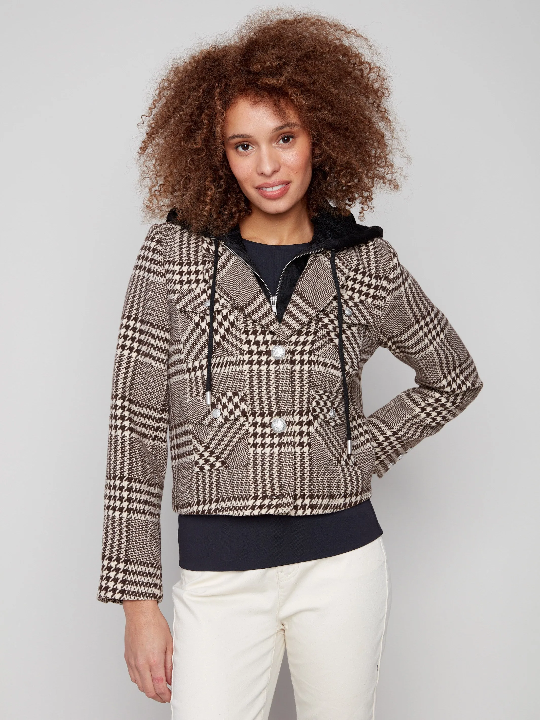 Glenn Plaid Hooded Jacket - Mocha sold by Charlie B