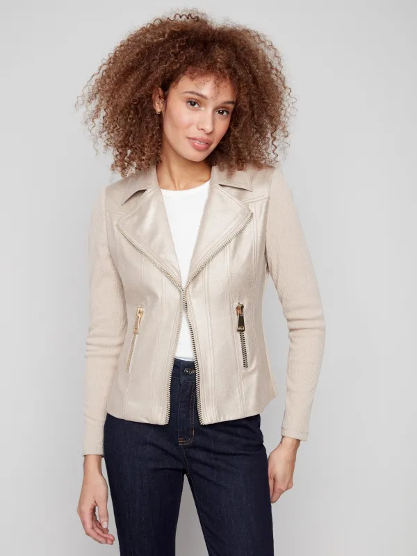 Vintage Metallic Faux Leather And Rib Knit Jacket - Brass sold by Charlie B