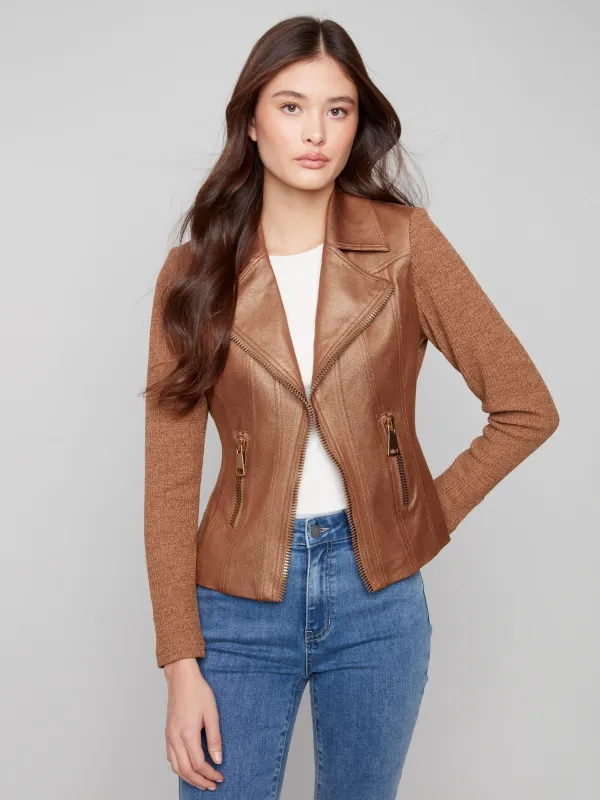 Vintage Metallic Faux Leather And Rib Knit Jacket - Copper sold by Charlie B
