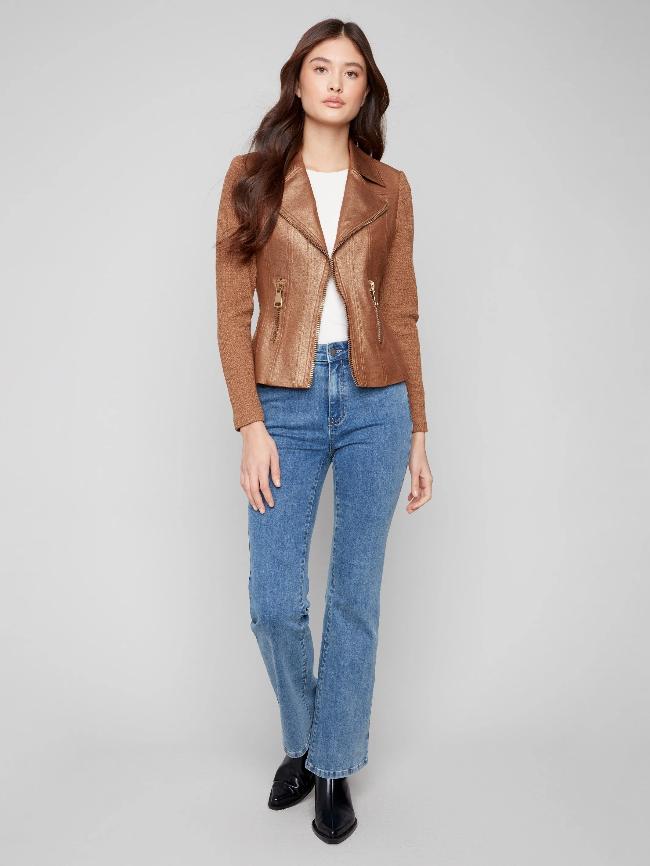 Vintage Metallic Faux Leather And Rib Knit Jacket - Copper sold by Charlie B product image thumbnail 2