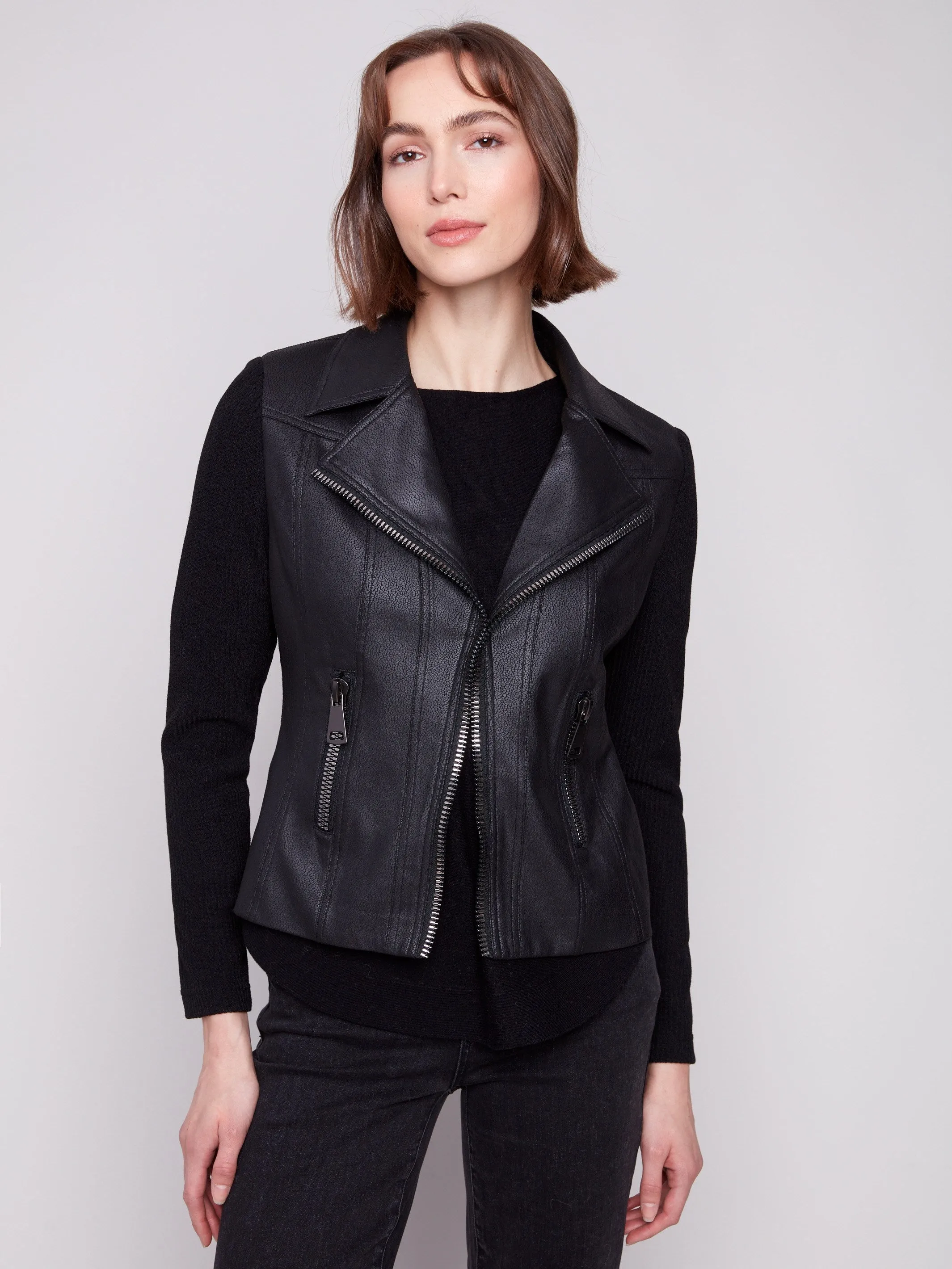 Vintage Metallic Faux Leather And Rib Knit Jacket - Black sold by Charlie B