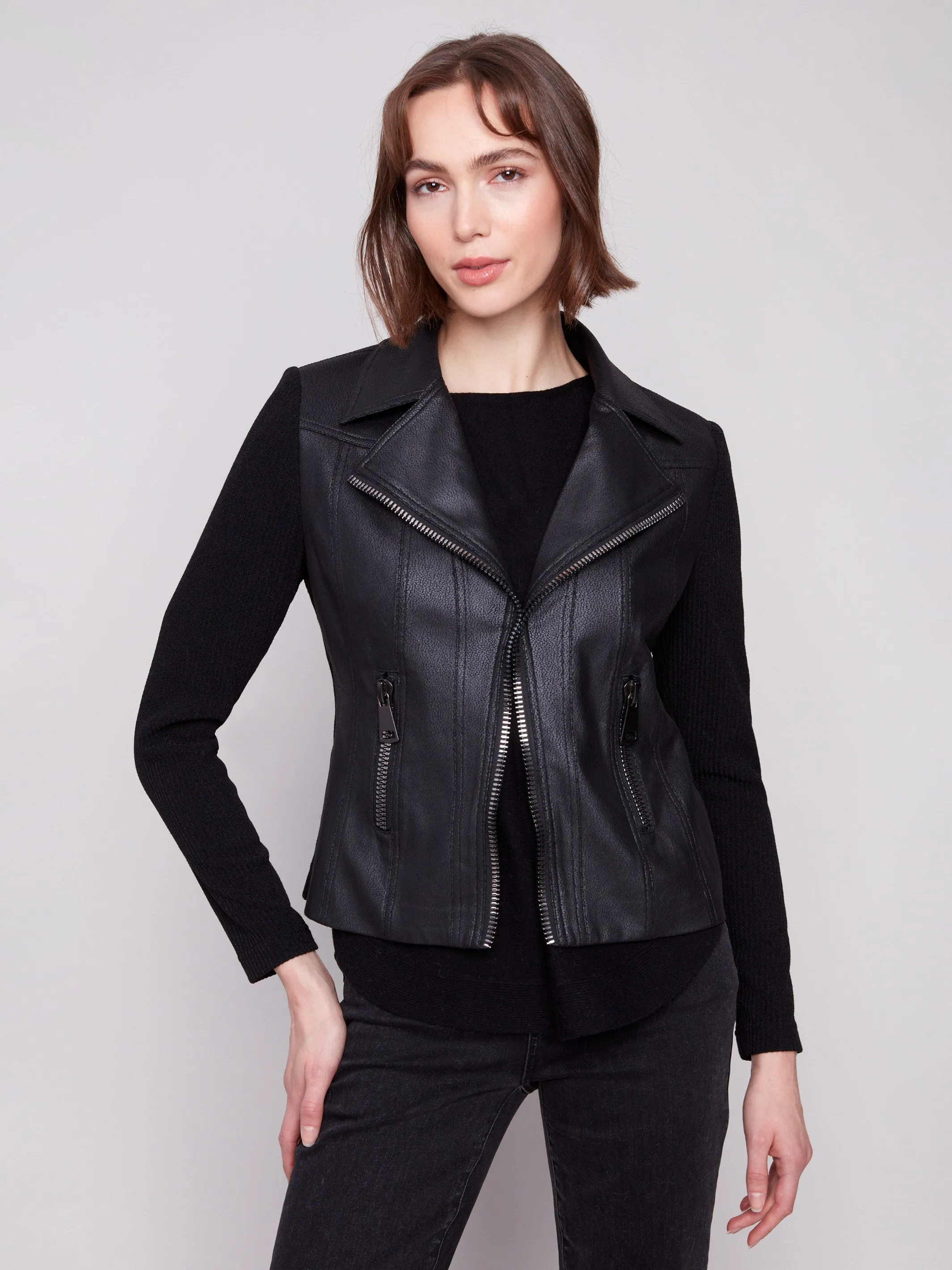 Vintage Metallic Faux Leather And Rib Knit Jacket - Black sold by Charlie B product image thumbnail 3