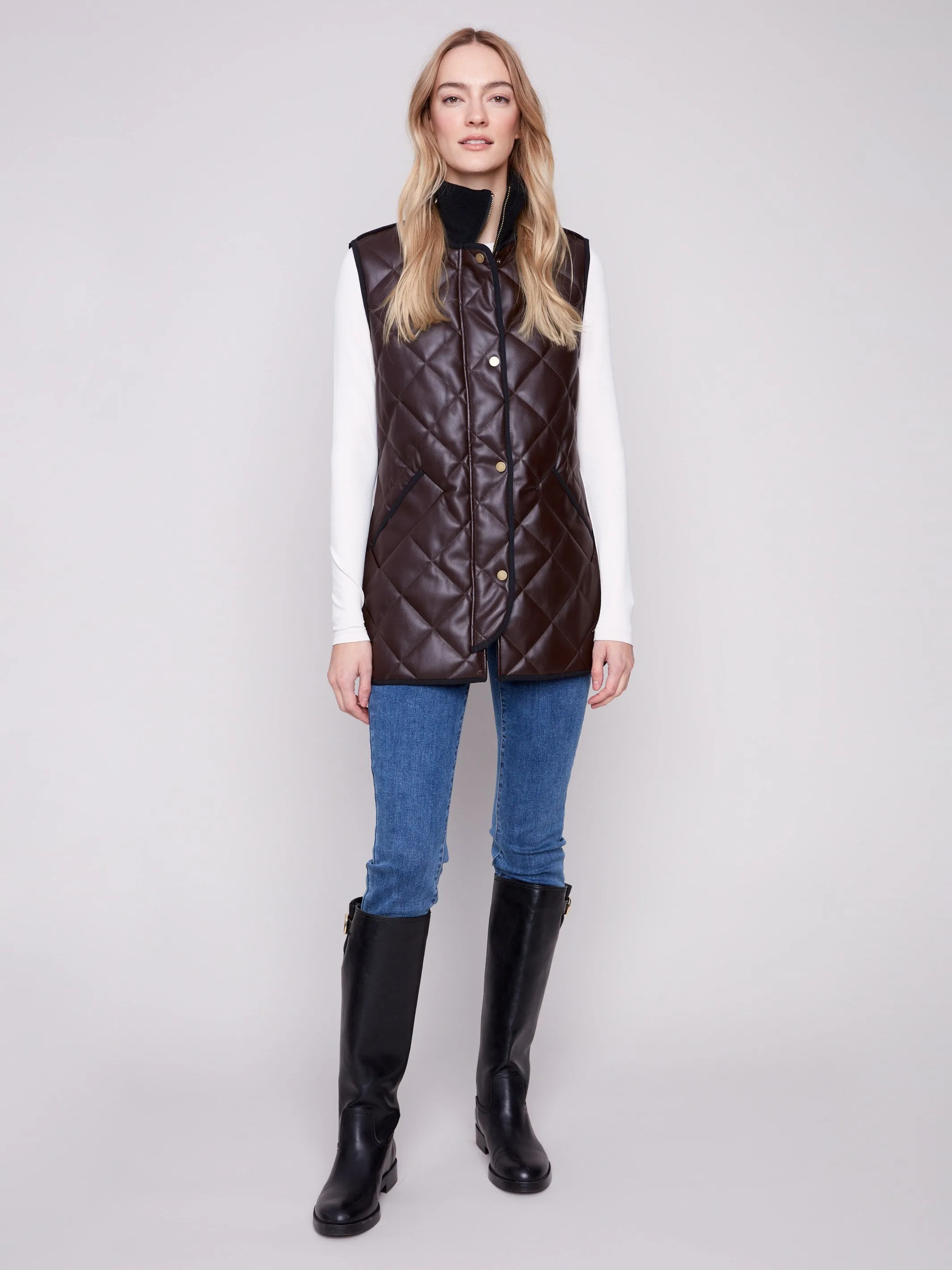Long Quilted Faux Leather Vest - Mocha sold by Charlie B product image thumbnail 4