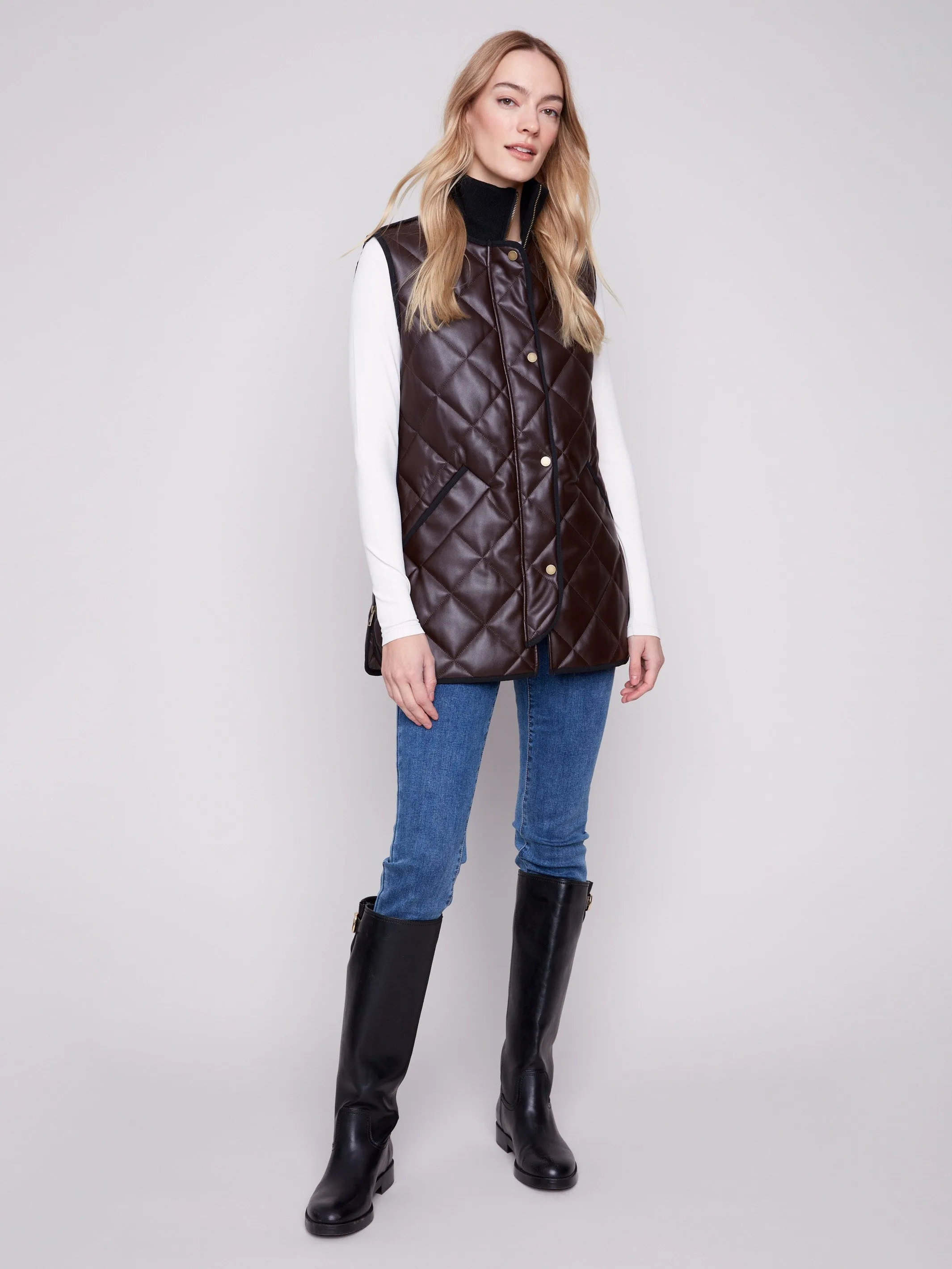 Long Quilted Faux Leather Vest - Mocha sold by Charlie B