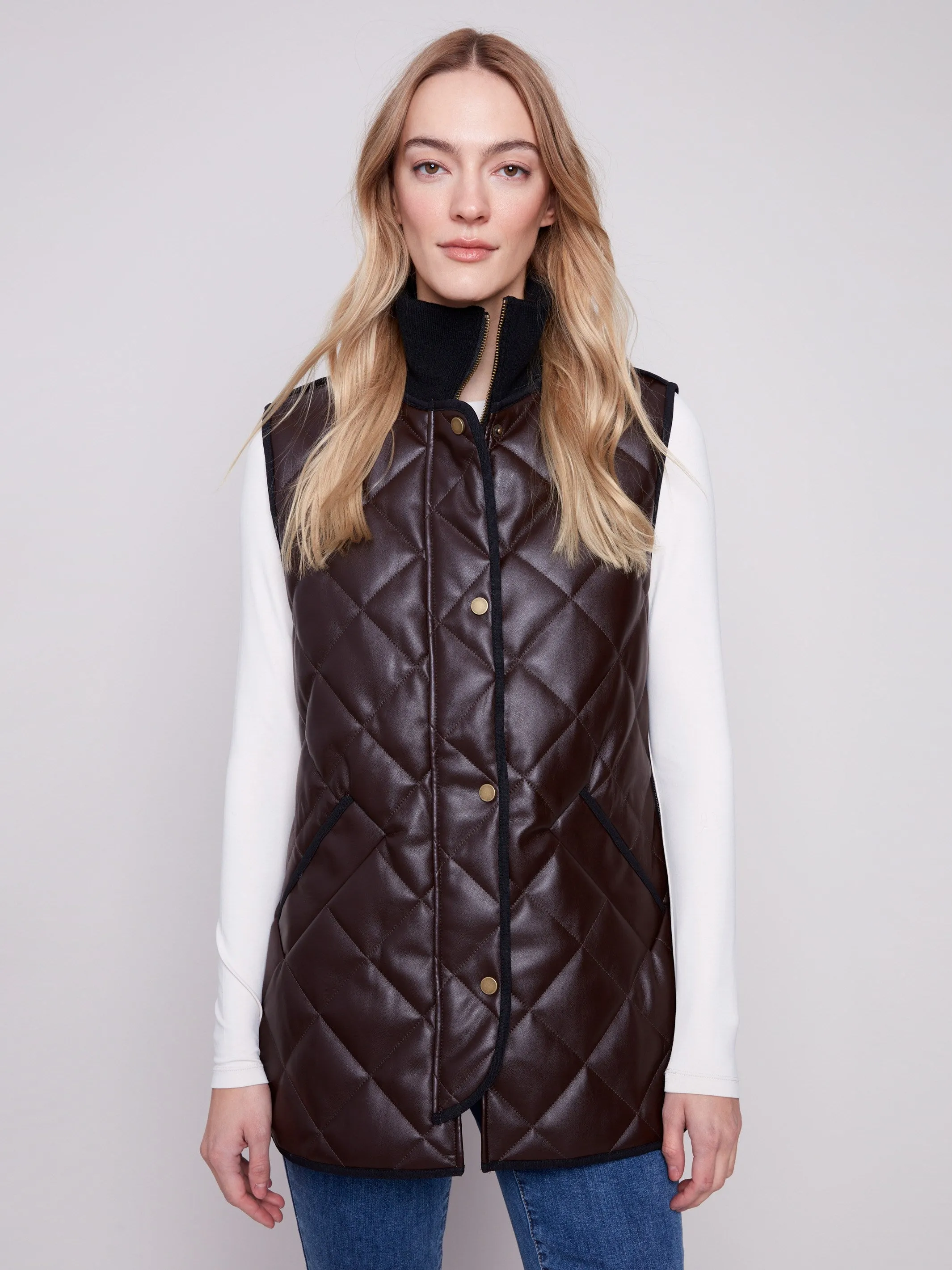 Long Quilted Faux Leather Vest - Mocha sold by Charlie B product image thumbnail 5