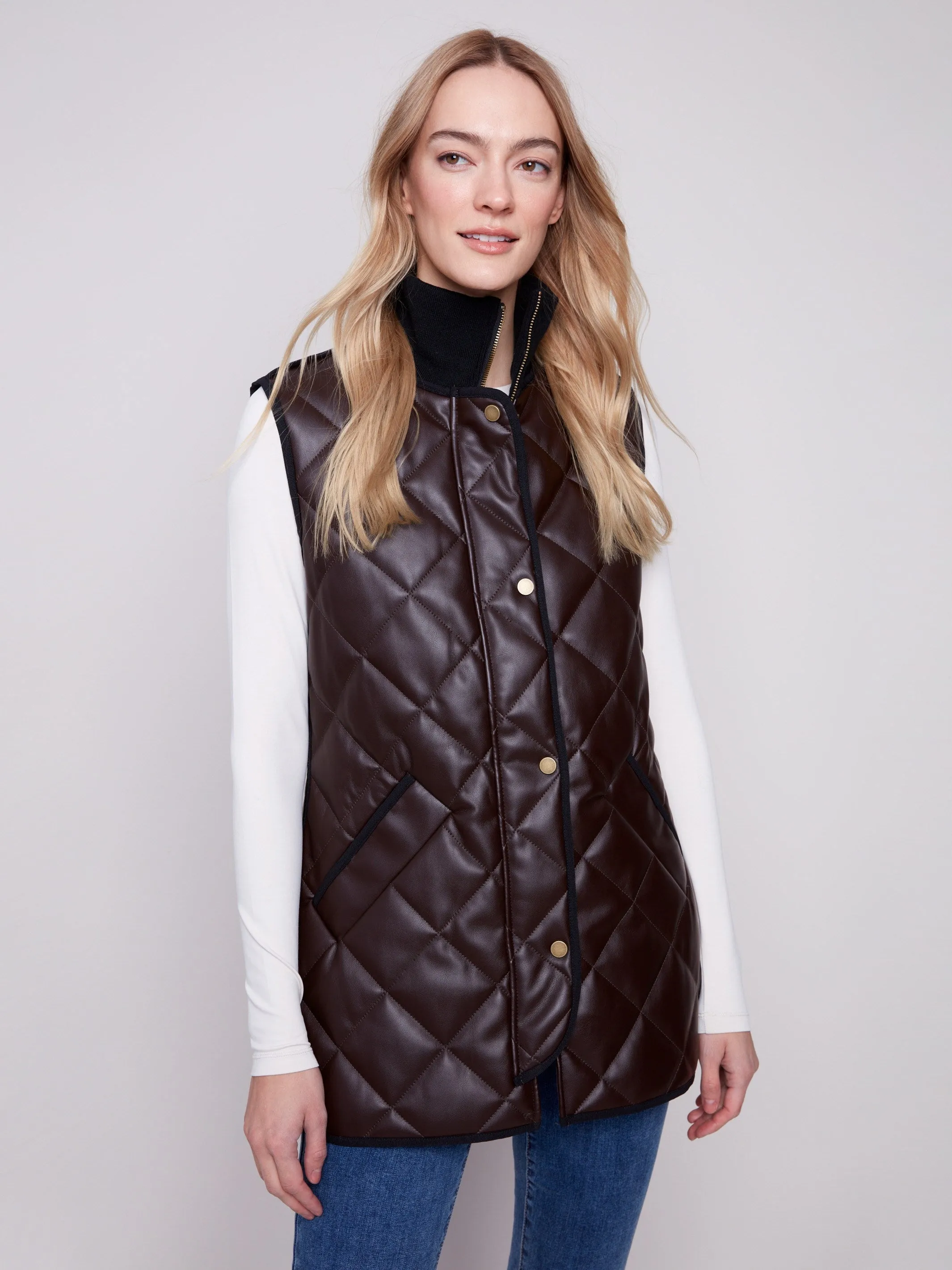 Long Quilted Faux Leather Vest - Mocha sold by Charlie B product image thumbnail 2