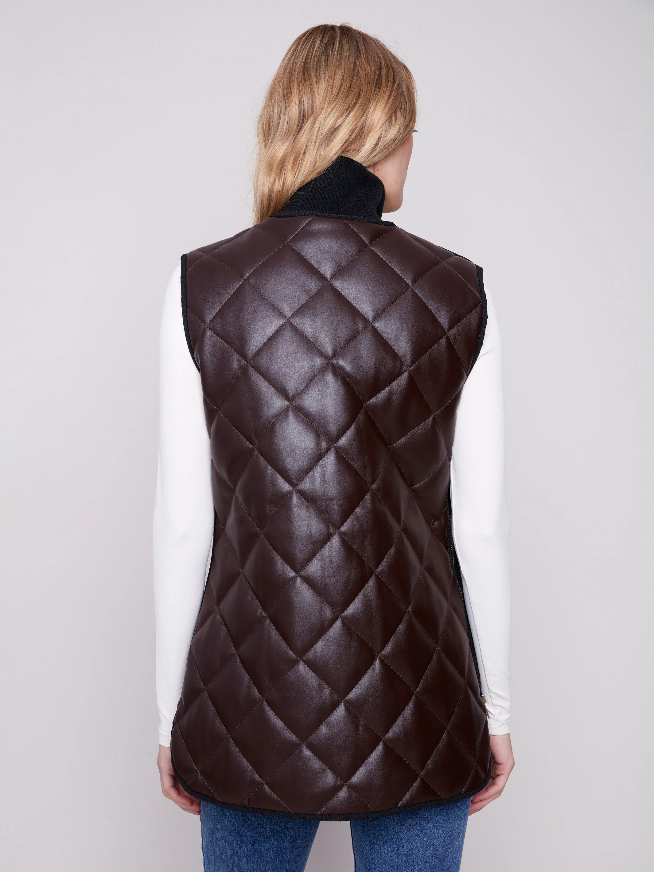 Long Quilted Faux Leather Vest - Mocha sold by Charlie B product image thumbnail 3