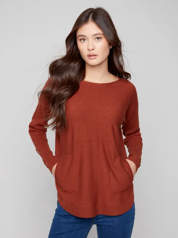 Knit Sweater With Lace-Up Cuffs - Sepia sold by Charlie B