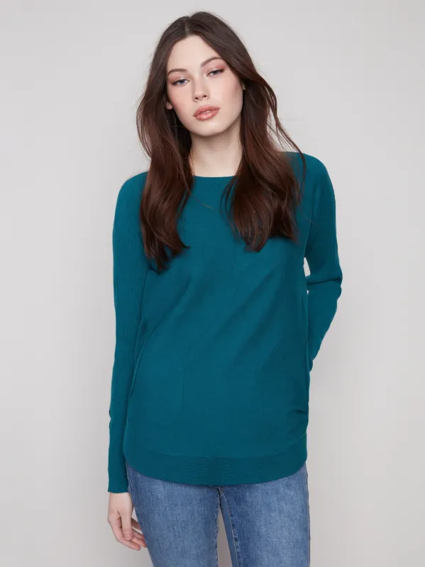Knit Sweater With Lace-Up Cuffs - Evergreen sold by Charlie B