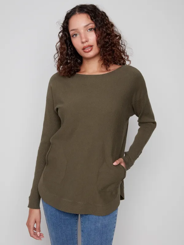 Knit Sweater With Lace-Up Cuffs - Spruce sold by Charlie B