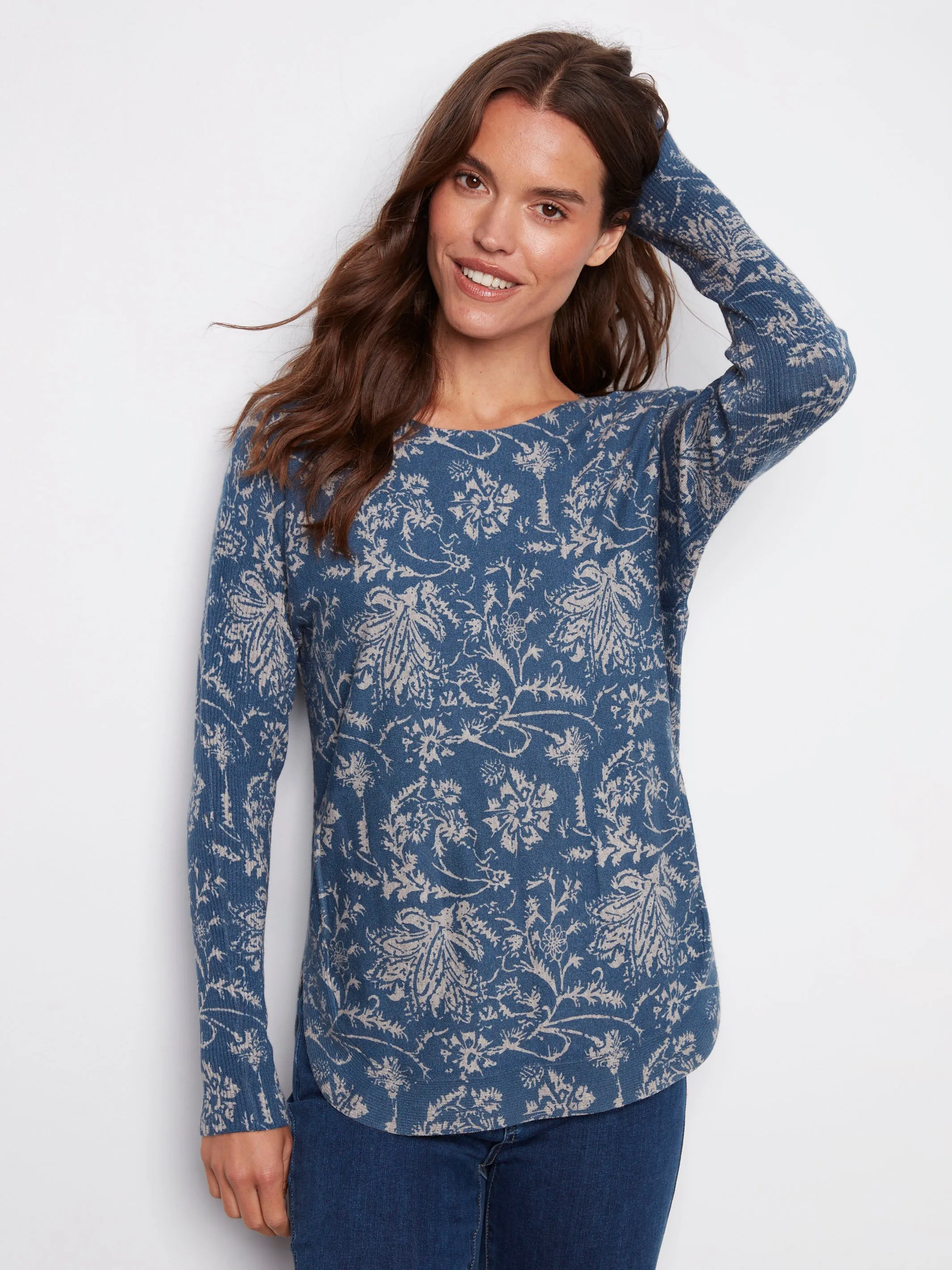 Printed Rounded Hem Sweater - Calico Blue sold by Charlie B