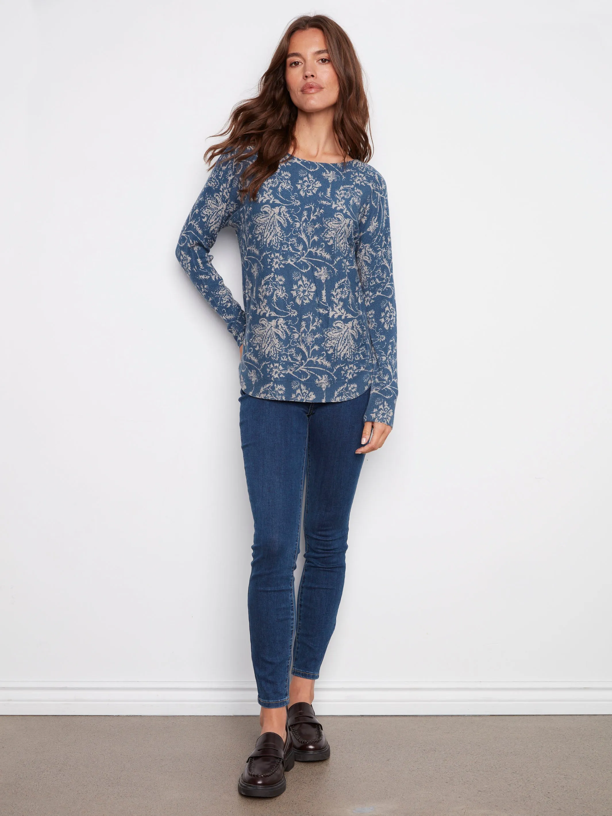 Printed Rounded Hem Sweater - Calico Blue sold by Charlie B product image thumbnail 2