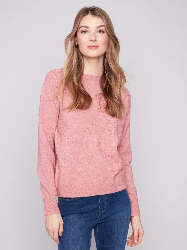 Crew Neck Sweater with Tonal Embroidery - Heather Primrose sold by Charlie B