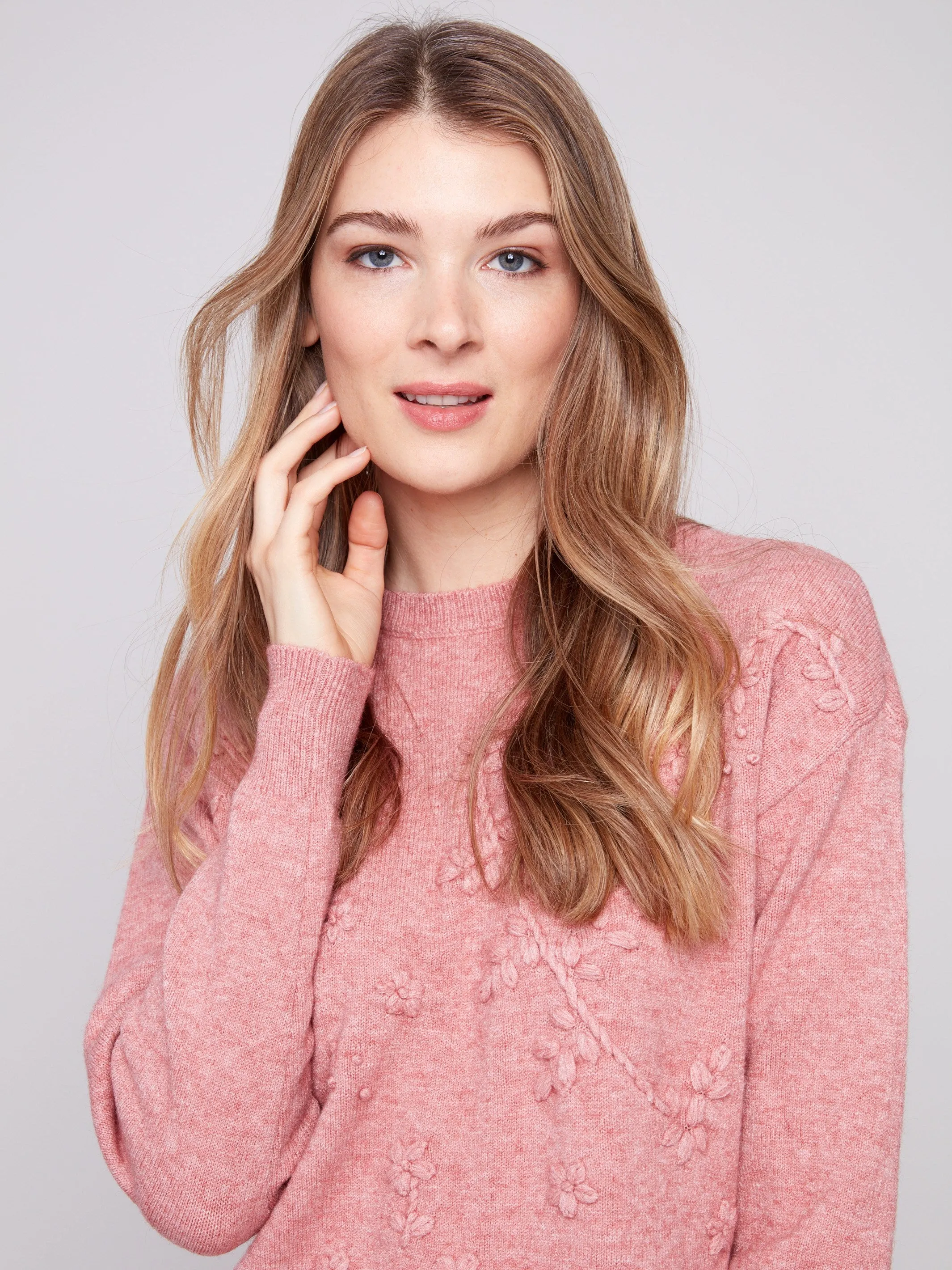 Crew Neck Sweater with Tonal Embroidery - Heather Primrose sold by Charlie B product image thumbnail 5