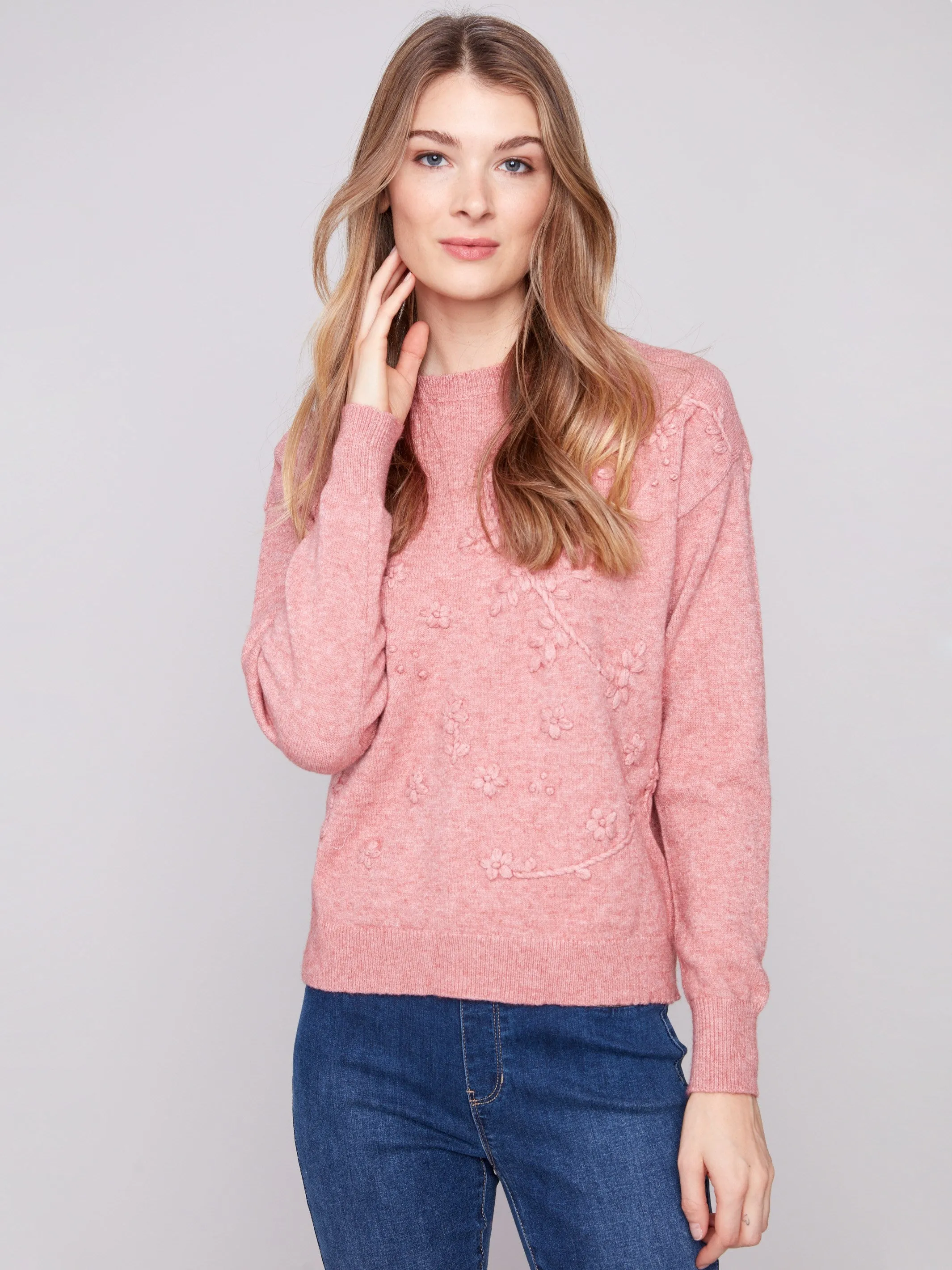 Crew Neck Sweater with Tonal Embroidery - Heather Primrose sold by Charlie B product image thumbnail 2