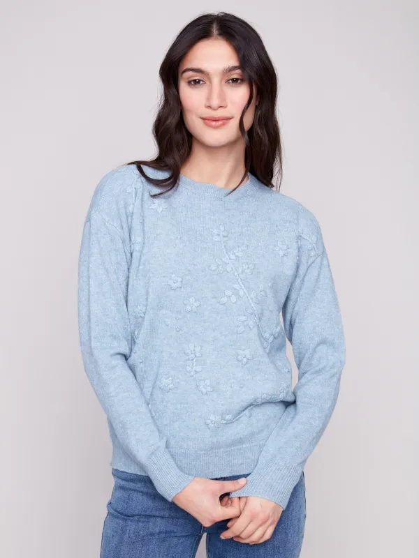 Crew Neck Sweater with Tonal Embroidery - Heather Oxford sold by Charlie B