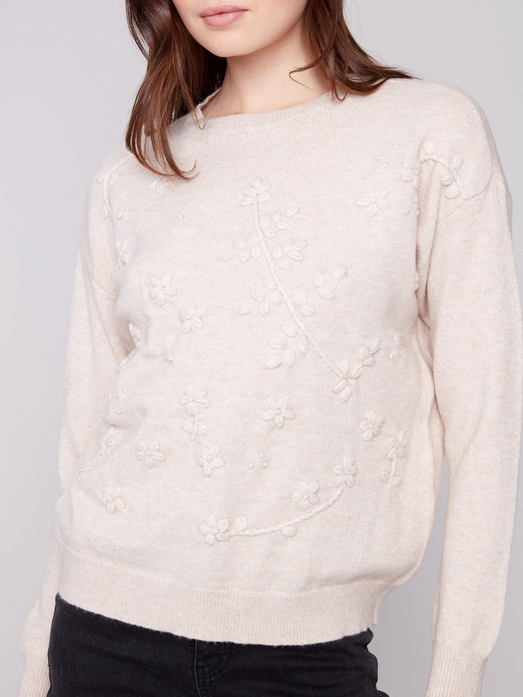 Crew Neck Sweater with Tonal Embroidery - Heather Oat sold by Charlie B product image thumbnail 3