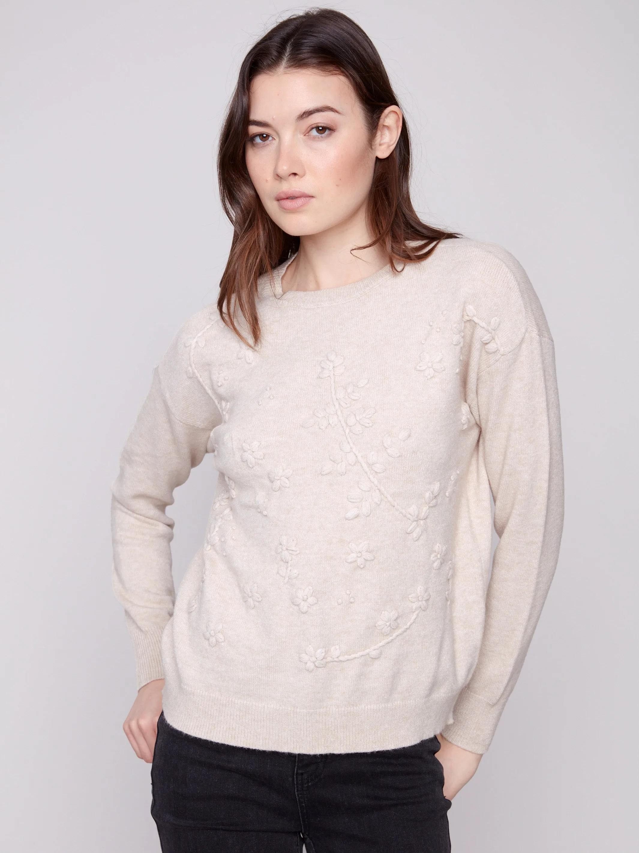 Crew Neck Sweater with Tonal Embroidery - Heather Oat sold by Charlie B product image thumbnail 4