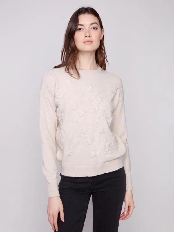 Crew Neck Sweater with Tonal Embroidery - Heather Oat sold by Charlie B