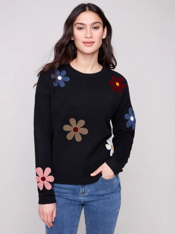 Plush Sweater with Boucle Flowers - Black sold by Charlie B