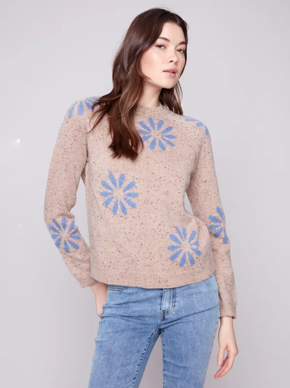 Nep Yarn Mock Neck Floral Sweater - Heather Nutmeg sold by Charlie B