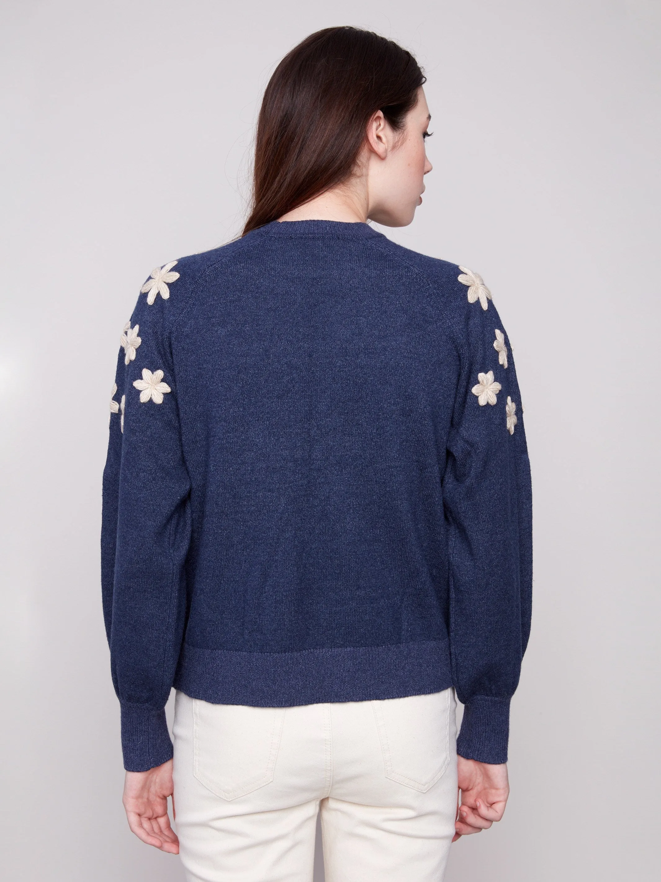Crew Neck Sweater With Embroidered Flowers - Heather Denim sold by Charlie B product image thumbnail 3