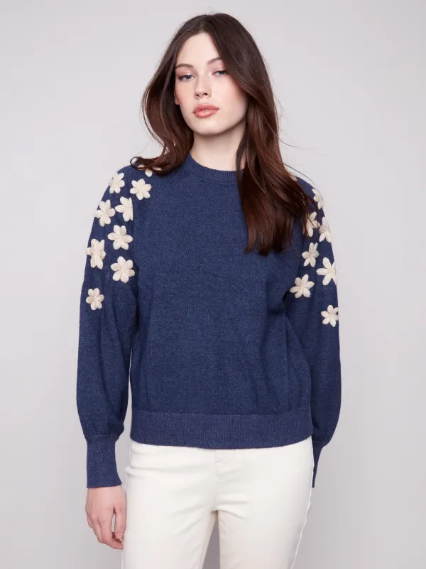 Crew Neck Sweater With Embroidered Flowers - Heather Denim sold by Charlie B