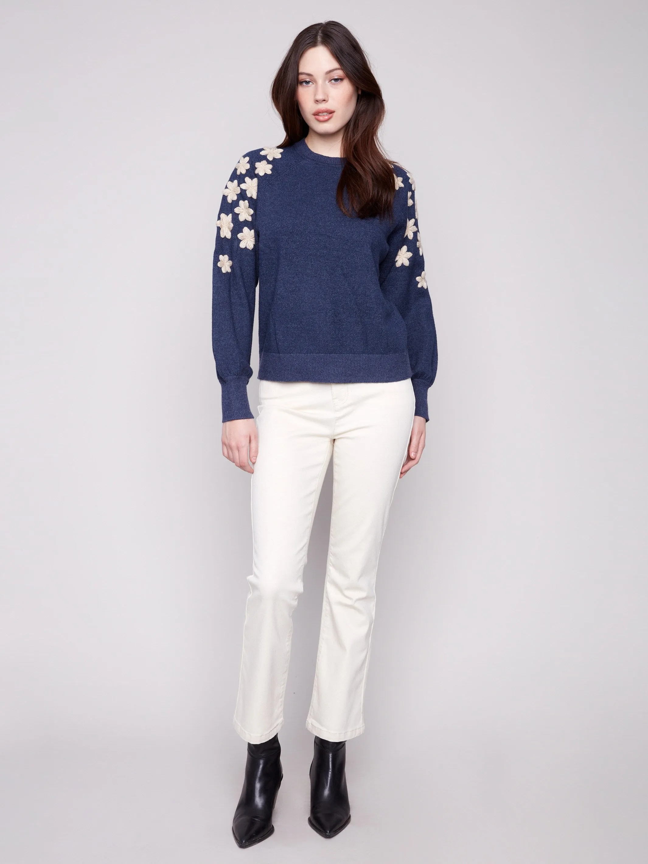Crew Neck Sweater With Embroidered Flowers - Heather Denim sold by Charlie B product image thumbnail 2