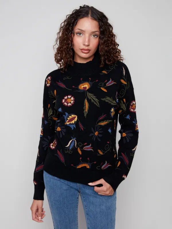 Embroidered Mock Neck Sweater - Black sold by Charlie B