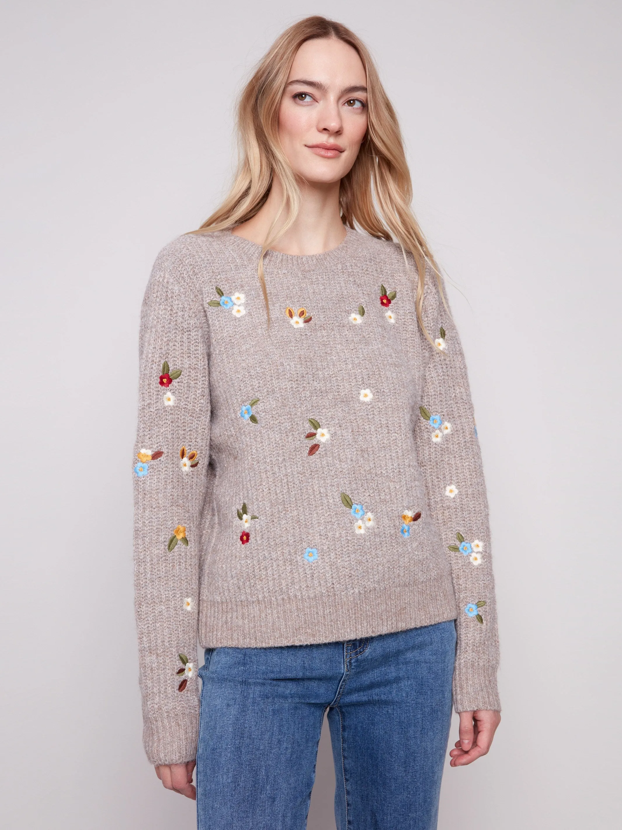 Crew Neck Sweater With Floral Embroidery - Heather Light Brown sold by Charlie B product image thumbnail 5