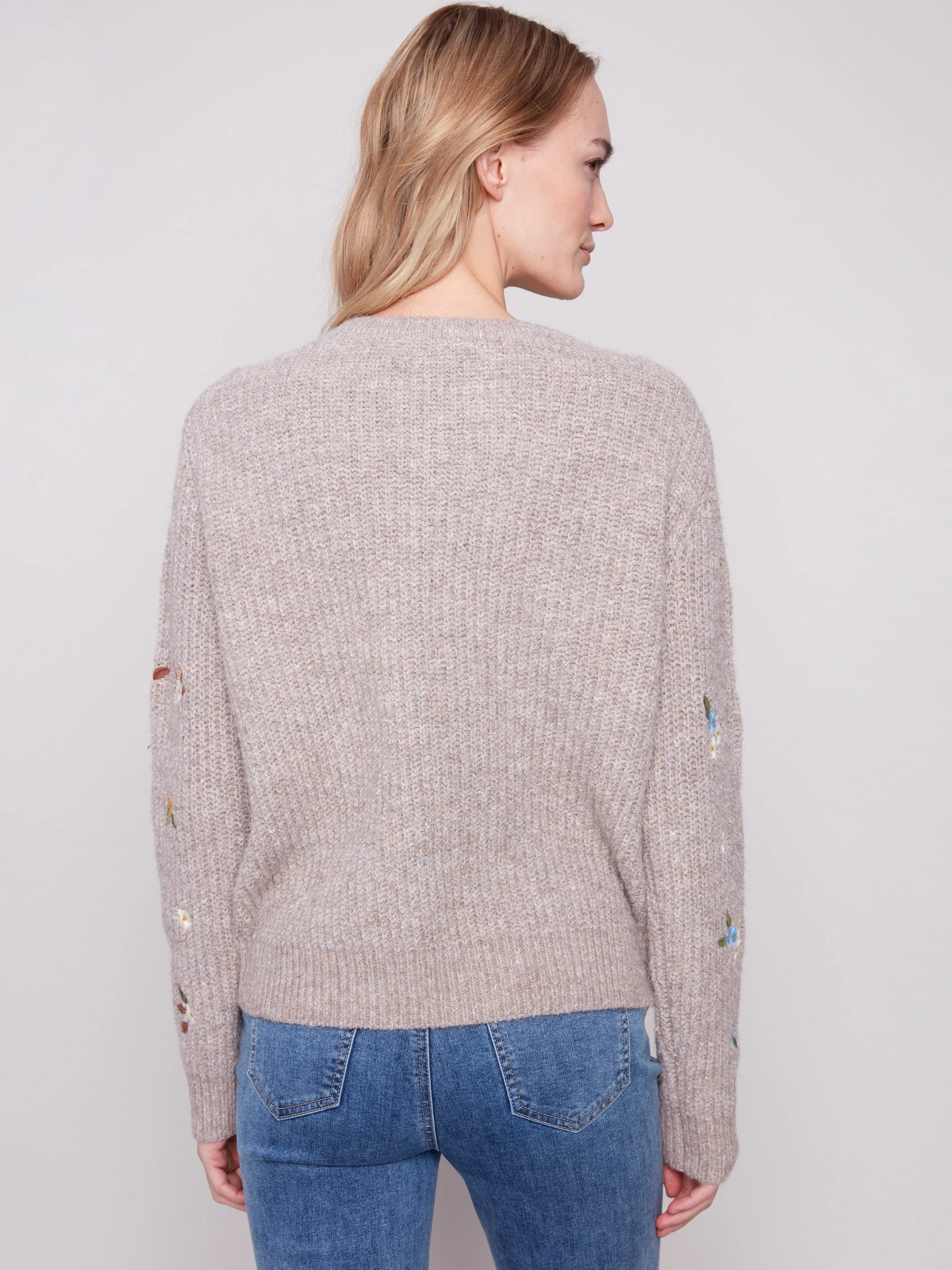 Crew Neck Sweater With Floral Embroidery - Heather Light Brown sold by Charlie B product image thumbnail 4