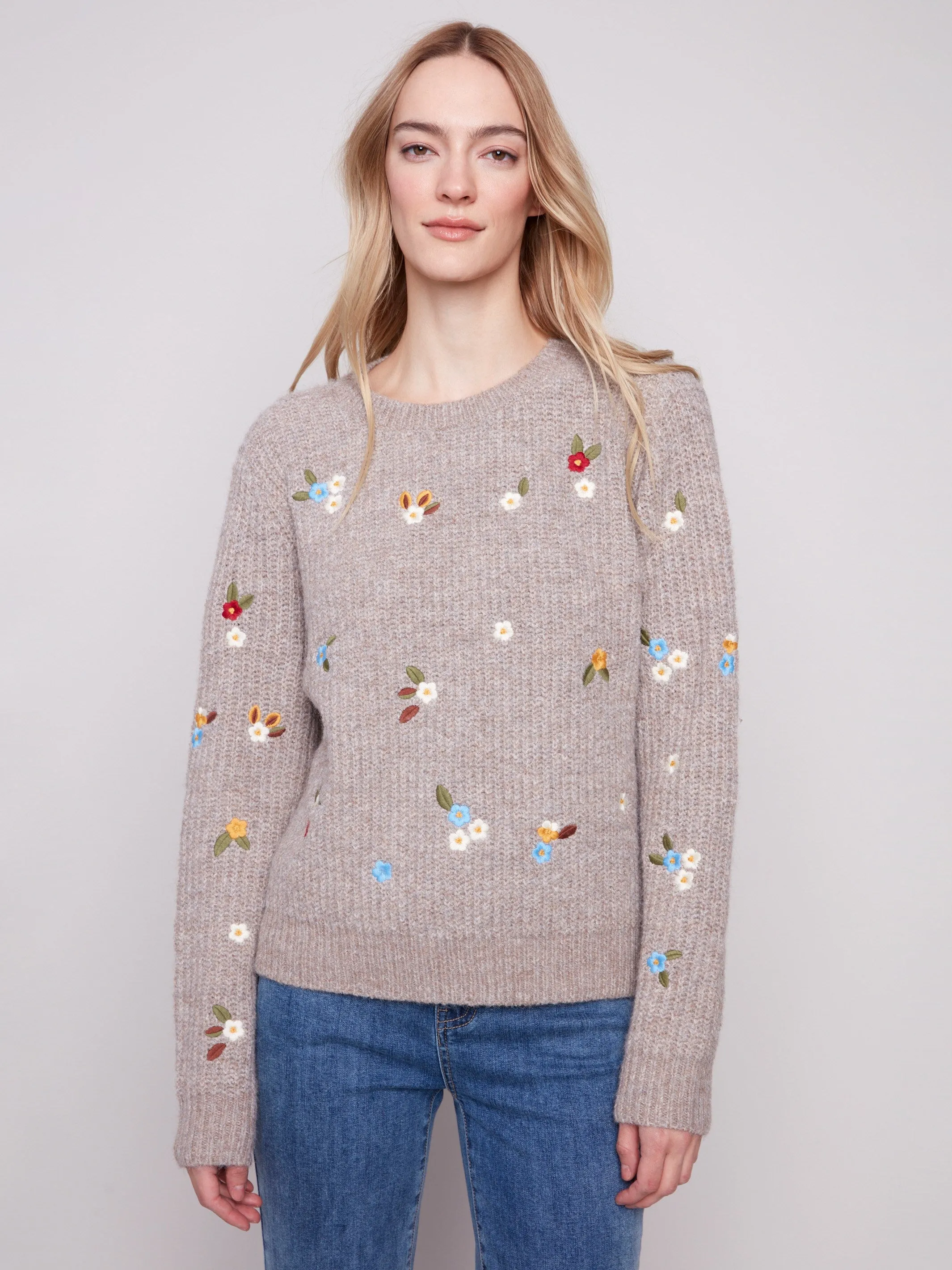 Crew Neck Sweater With Floral Embroidery - Heather Light Brown sold by Charlie B