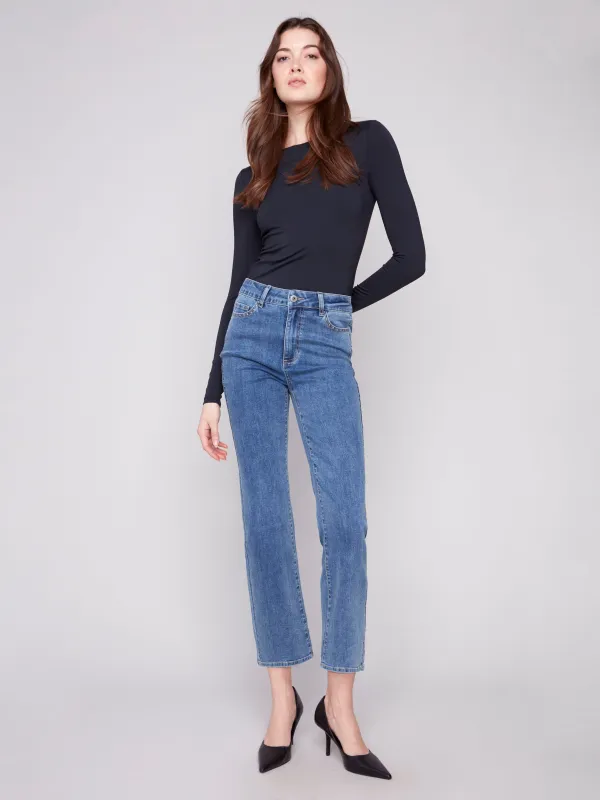 Straight Leg Jeans With Side Studs - Medium Blue sold by Charlie B