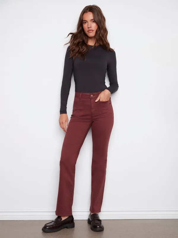 Patch Pocket Flare Twill Pants With Rivets - Cabernet sold by Charlie B