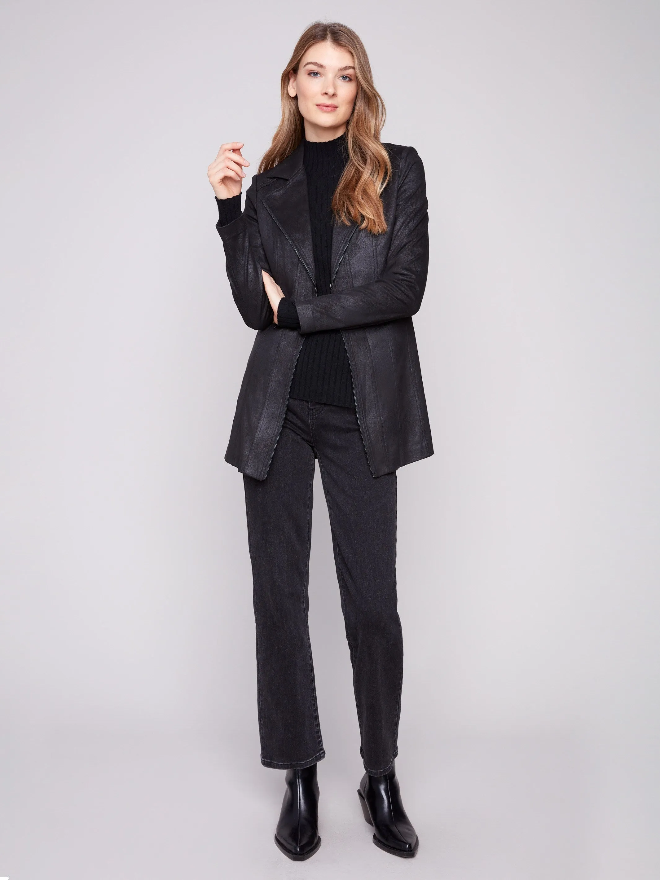 Long Vintage Faux Suede Jacket - Black sold by Charlie B