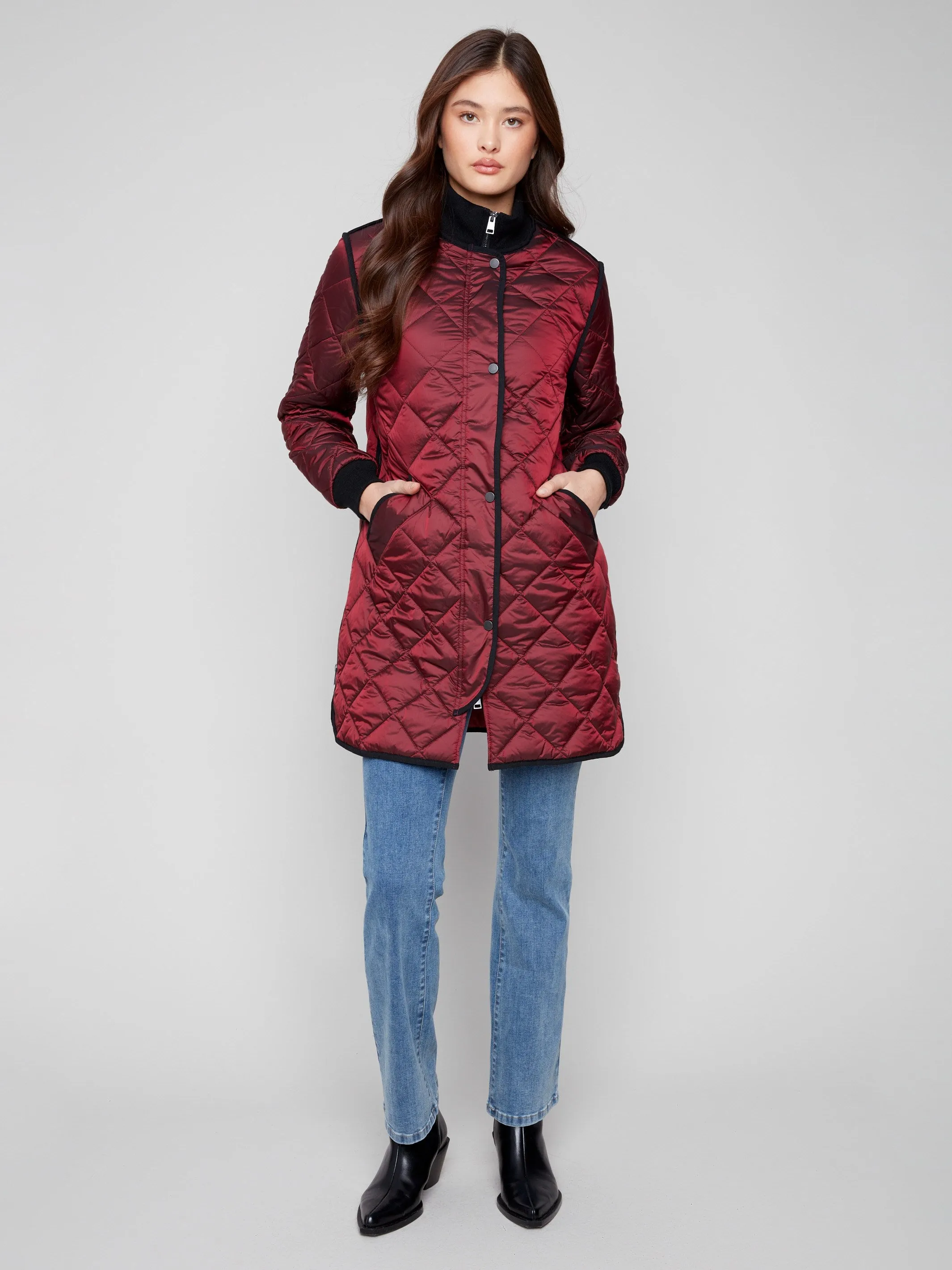 Long Quilted Puffer Jacket - Cabernet sold by Charlie B