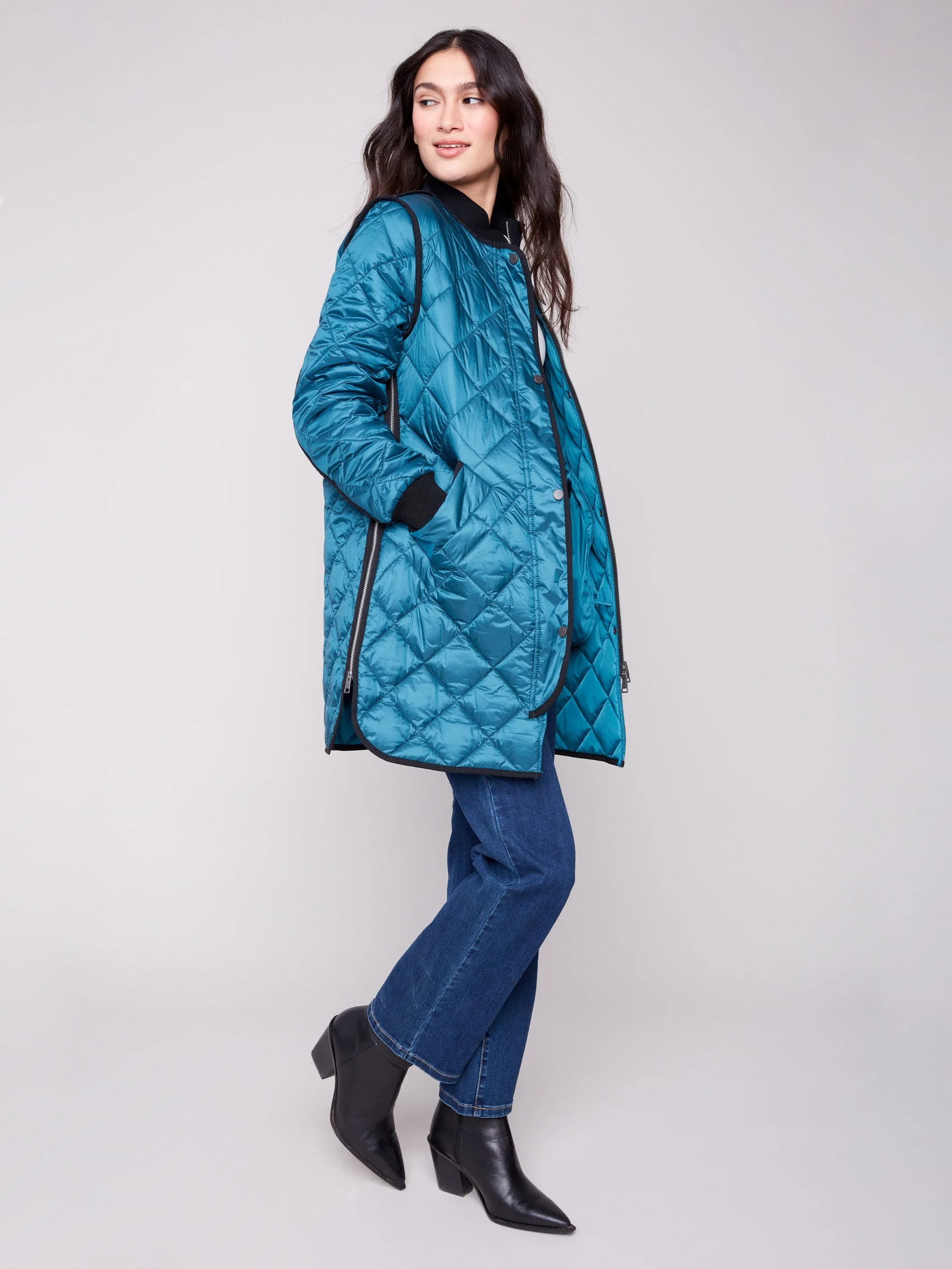 Long Quilted Puffer Jacket - Evergreen sold by Charlie B product image thumbnail 3