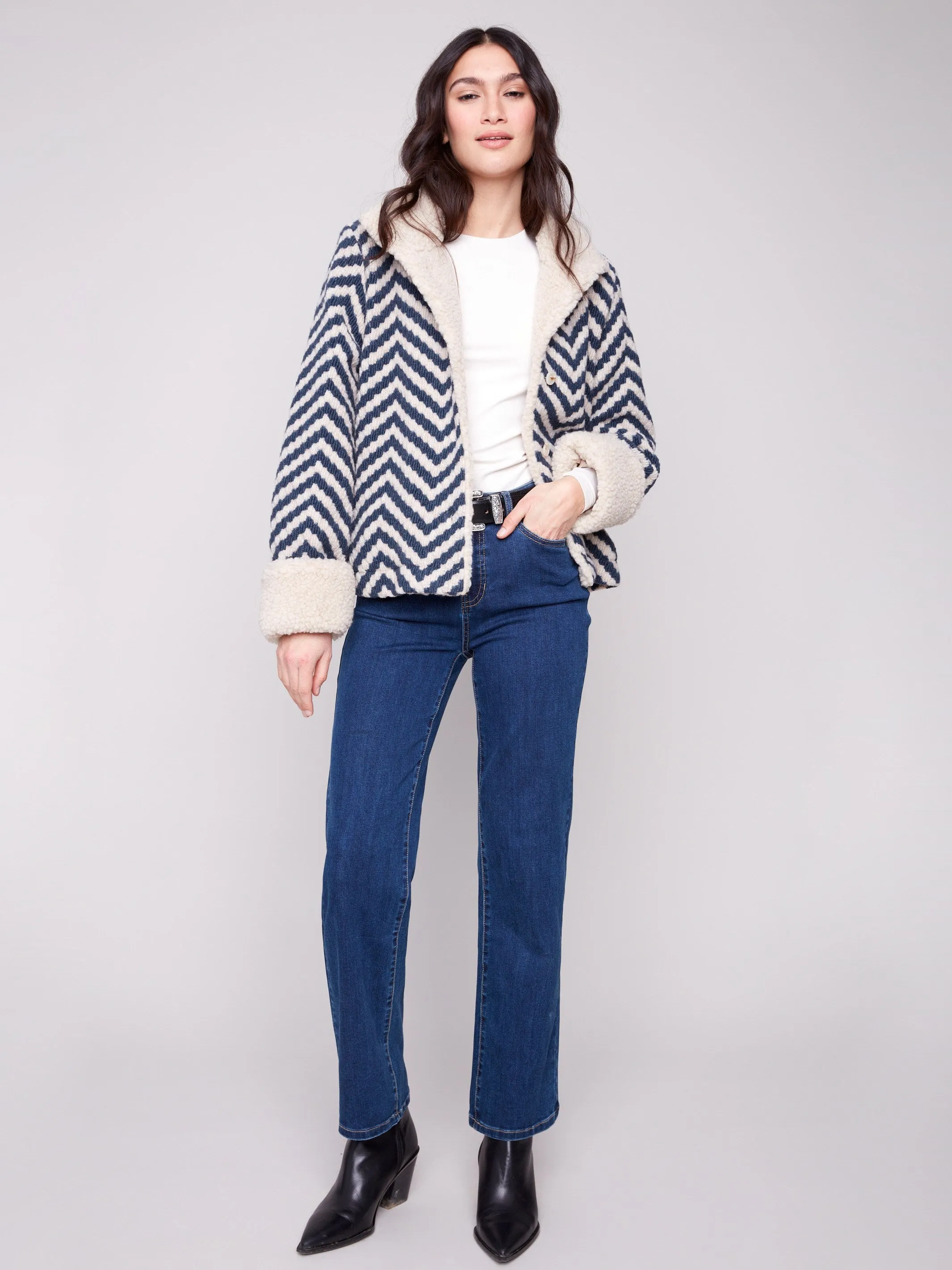 Chevron Bouclé Short Jacket With Sherpa Trim - Navy sold by Charlie B product image thumbnail 5