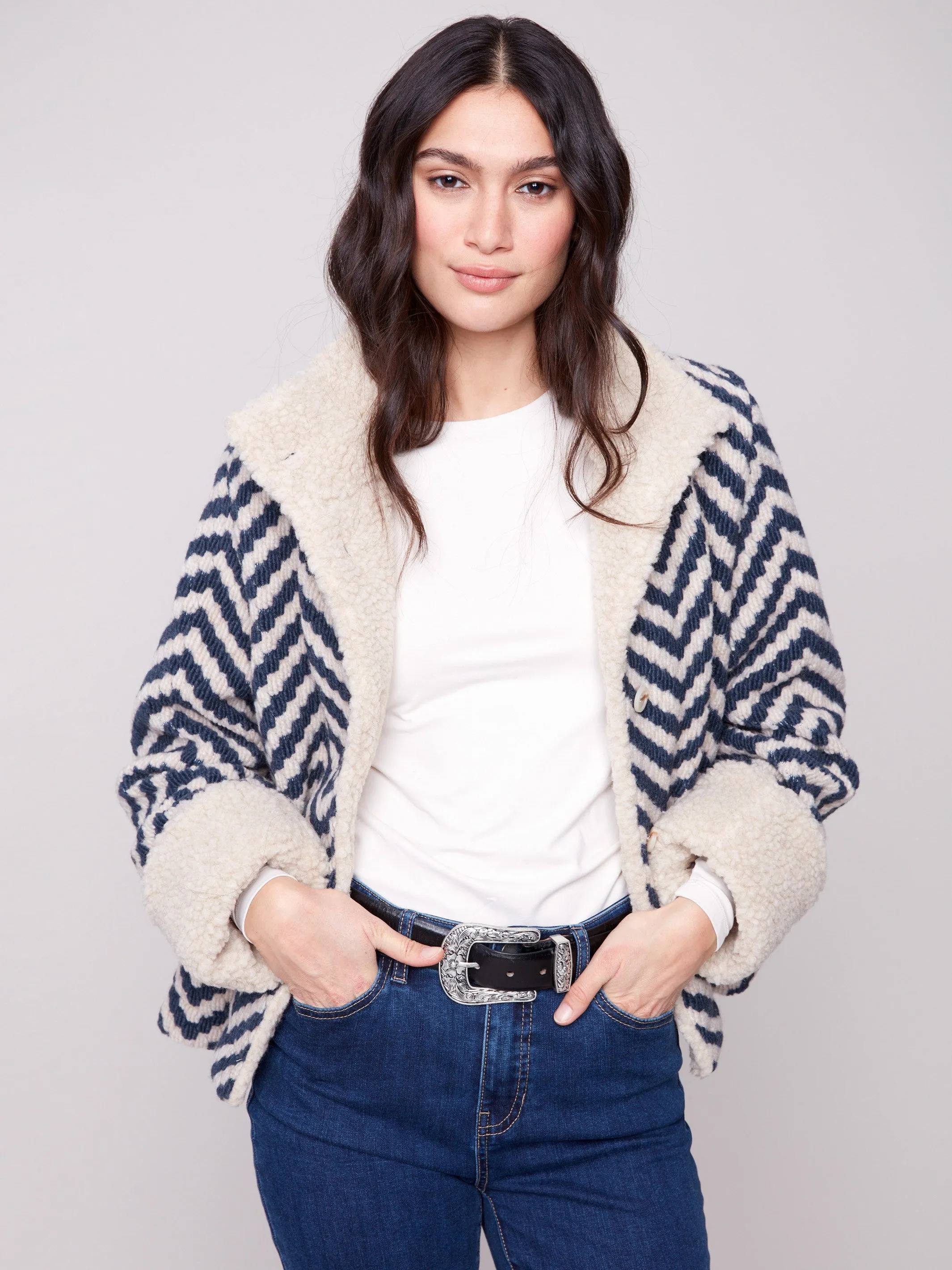 Chevron Bouclé Short Jacket With Sherpa Trim - Navy sold by Charlie B product image thumbnail 2