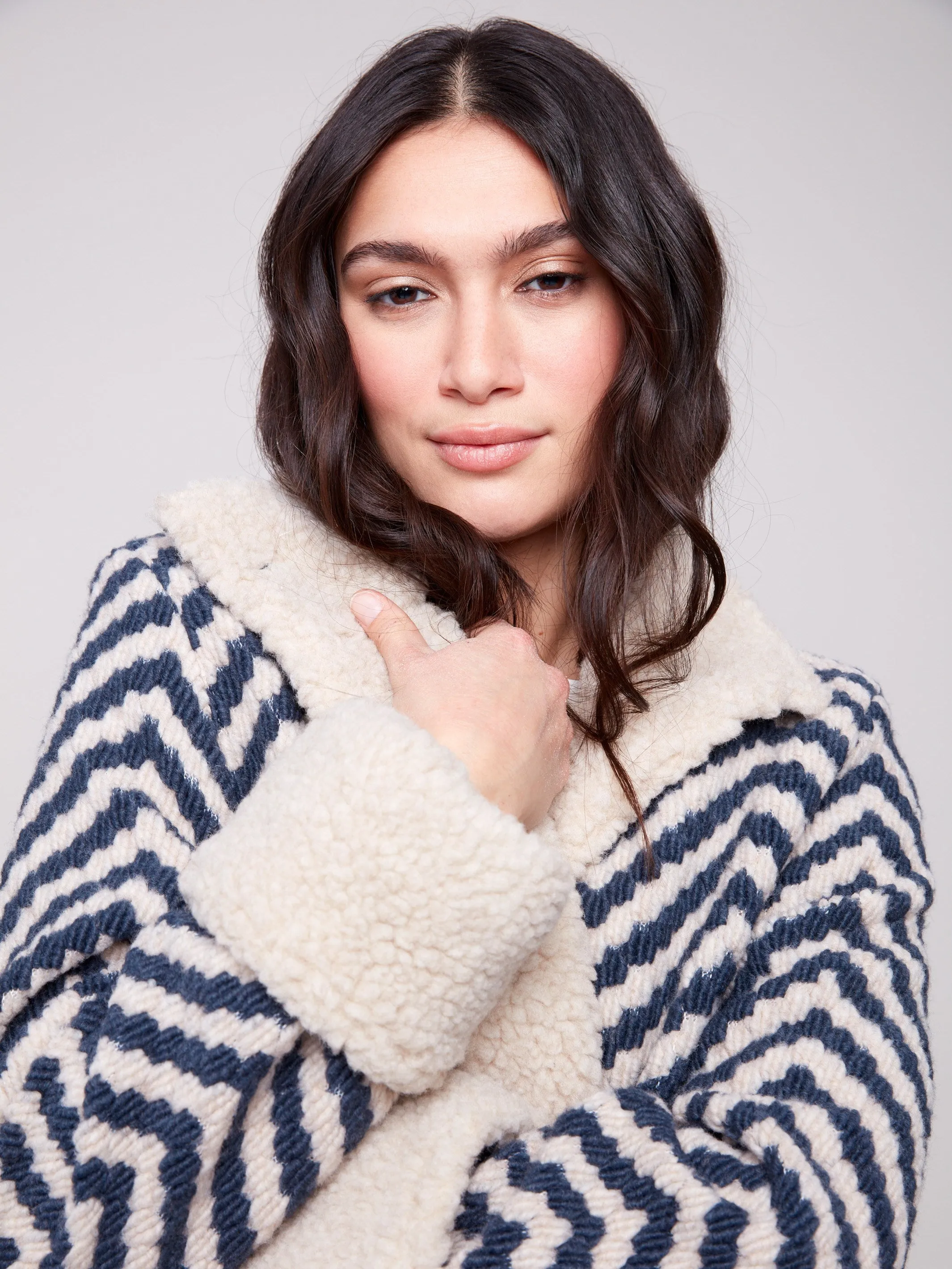 Chevron Bouclé Short Jacket With Sherpa Trim - Navy sold by Charlie B product image thumbnail 3