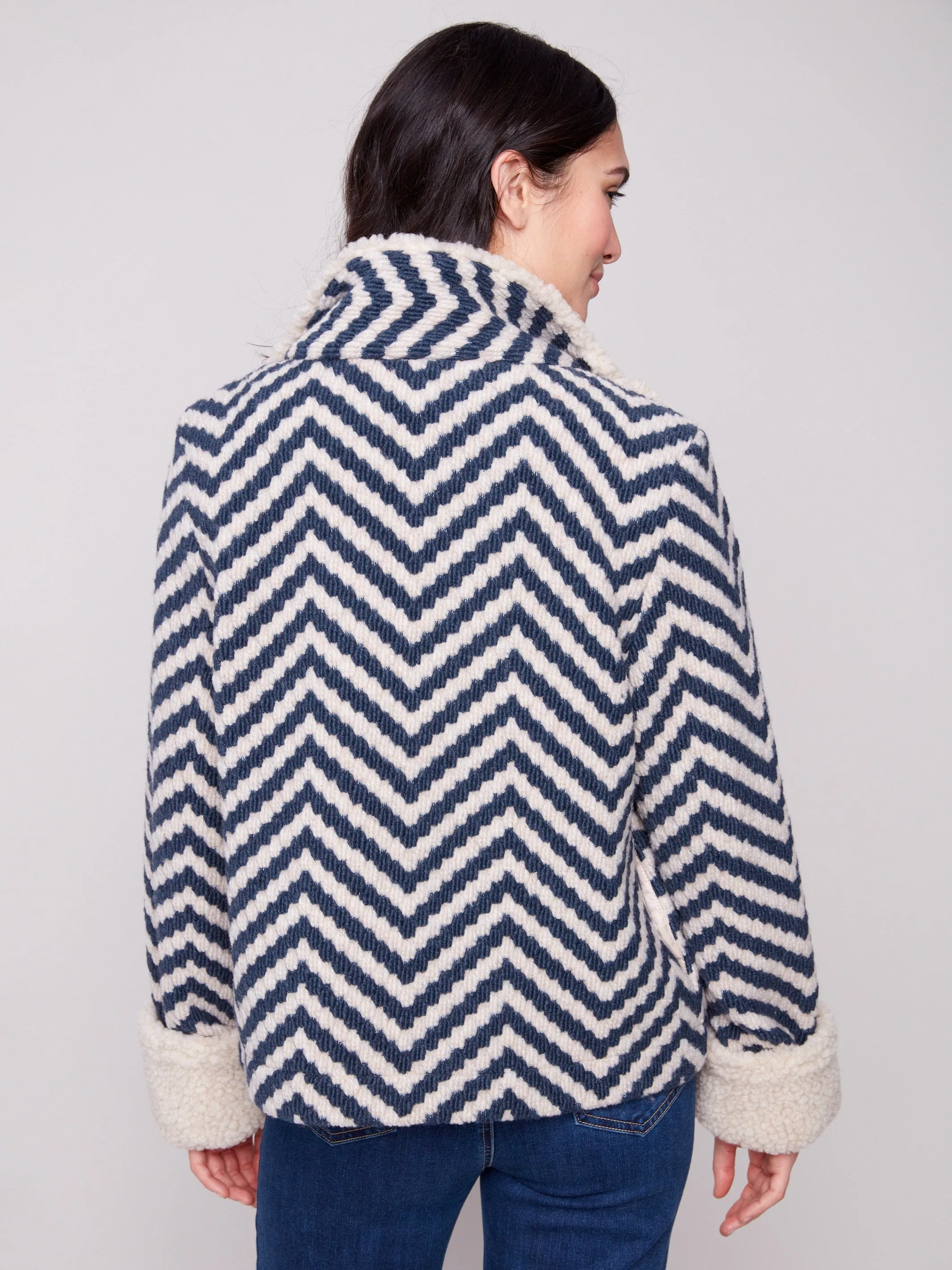 Chevron Bouclé Short Jacket With Sherpa Trim - Navy sold by Charlie B product image thumbnail 4