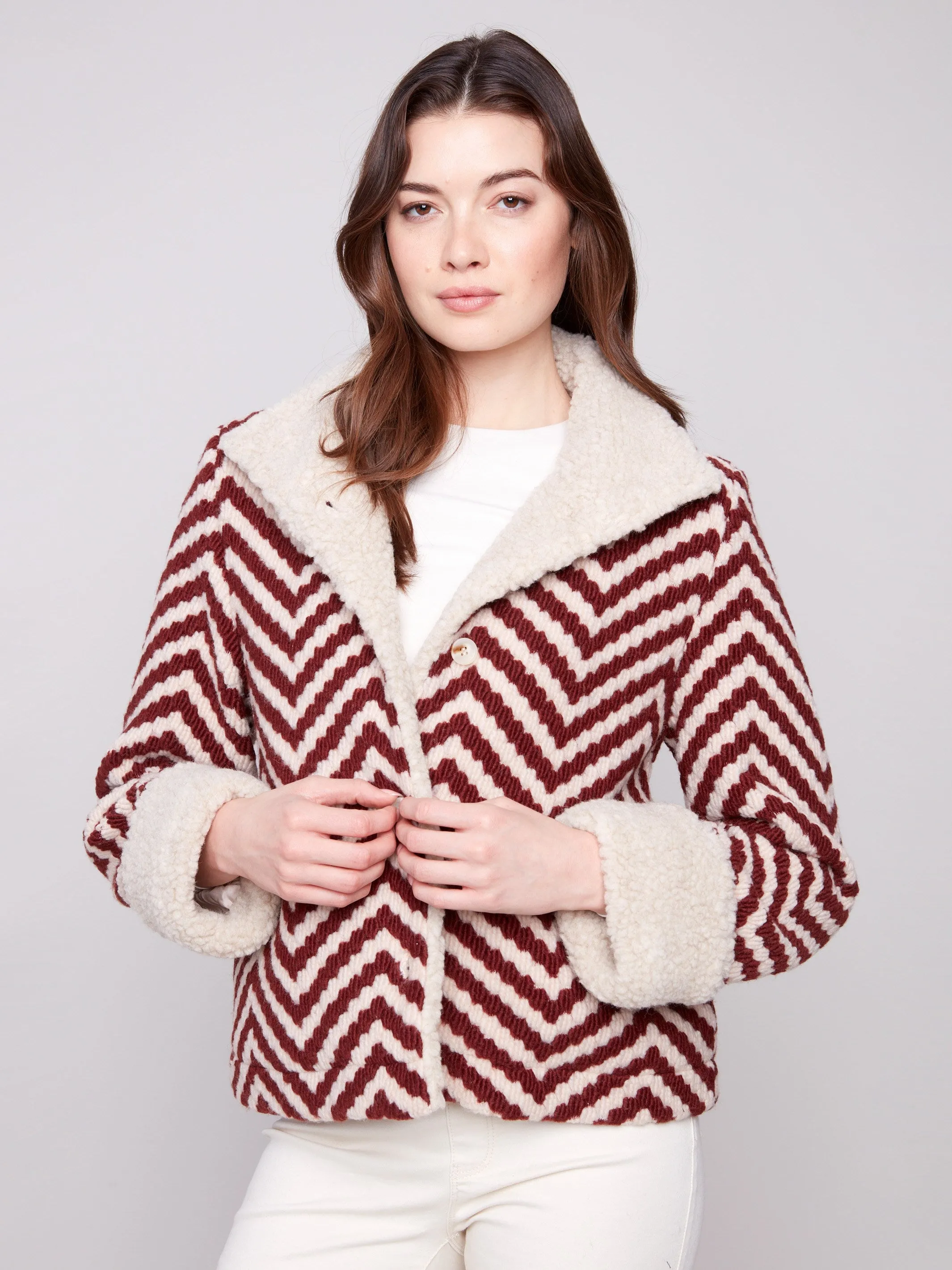 Chevron Bouclé Short Jacket With Sherpa Trim - Cabernet sold by Charlie B product image thumbnail 5