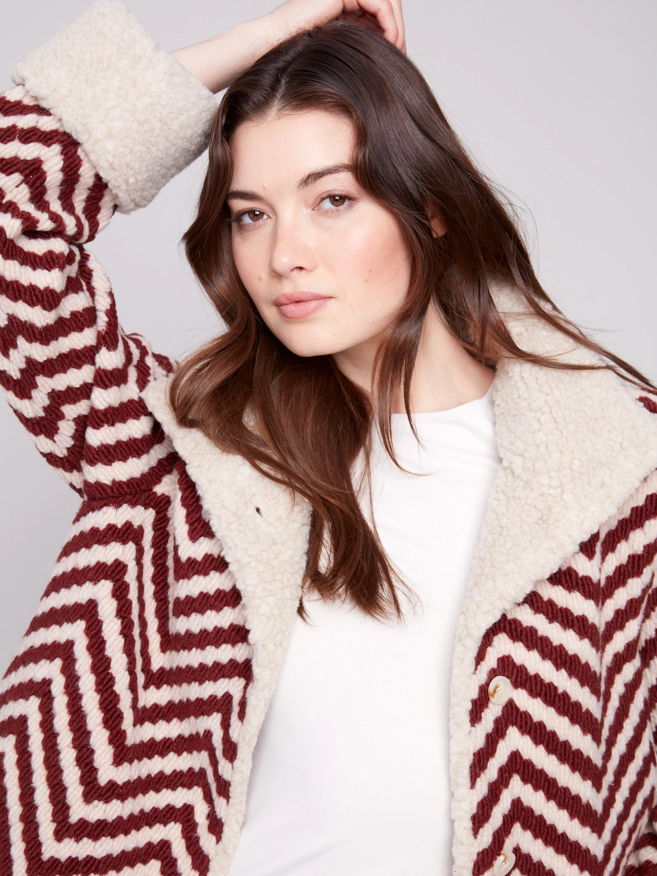 Chevron Bouclé Short Jacket With Sherpa Trim - Cabernet sold by Charlie B product image thumbnail 3