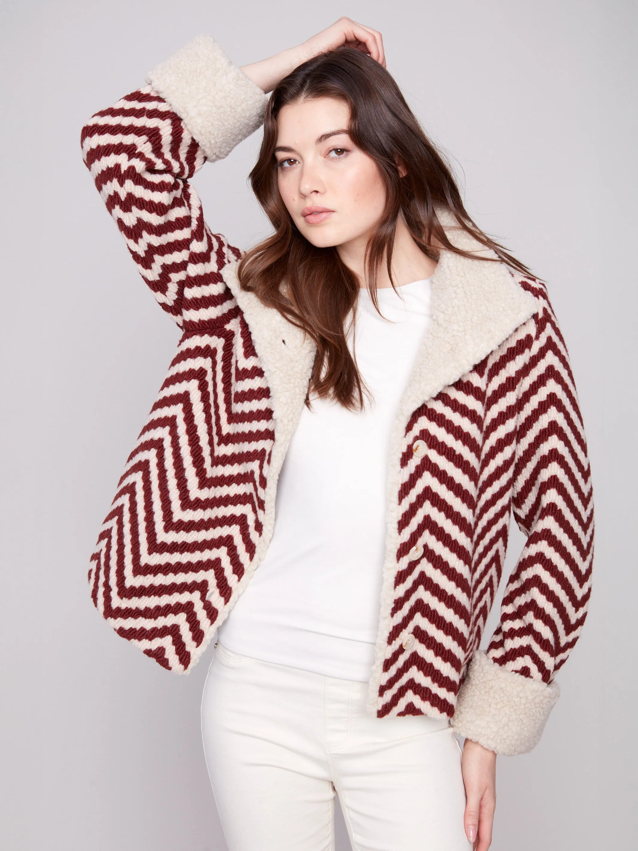 Chevron Bouclé Short Jacket With Sherpa Trim - Cabernet sold by Charlie B