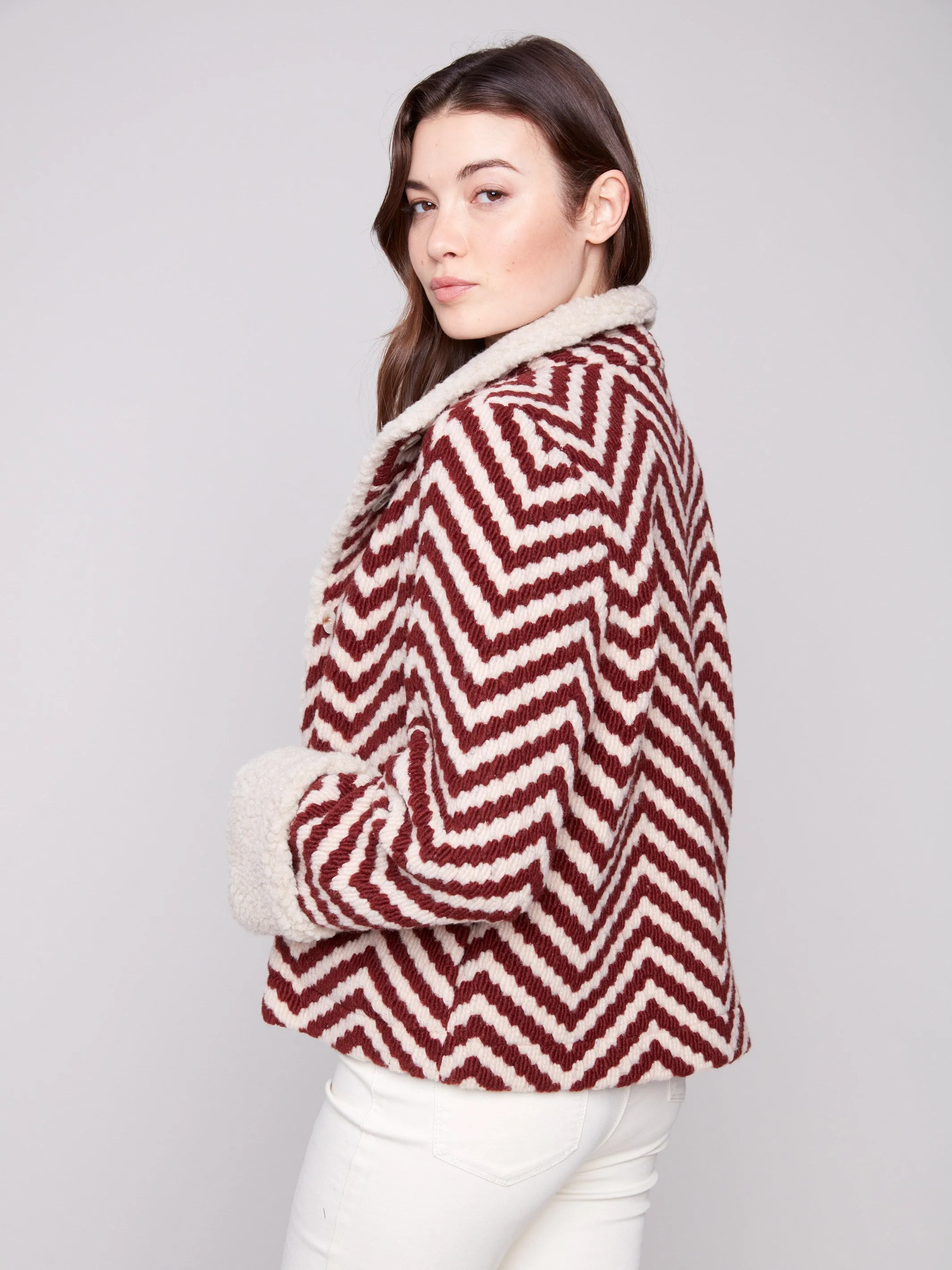 Chevron Bouclé Short Jacket With Sherpa Trim - Cabernet sold by Charlie B product image thumbnail 4