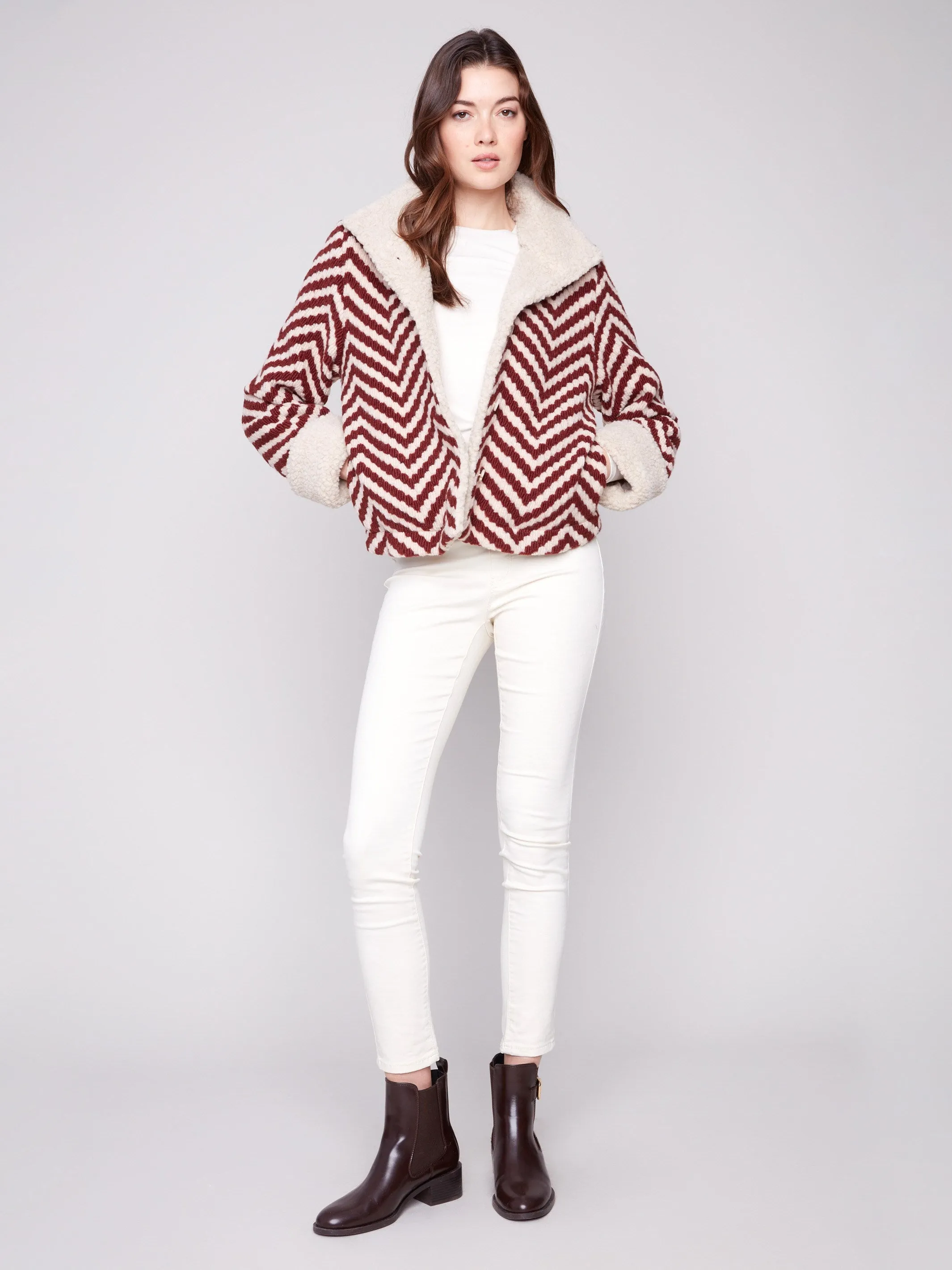 Chevron Bouclé Short Jacket With Sherpa Trim - Cabernet sold by Charlie B product image thumbnail 2